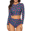 Graphic Pink Hibiscus Blue Long Sleeve Surfing Swimsuit