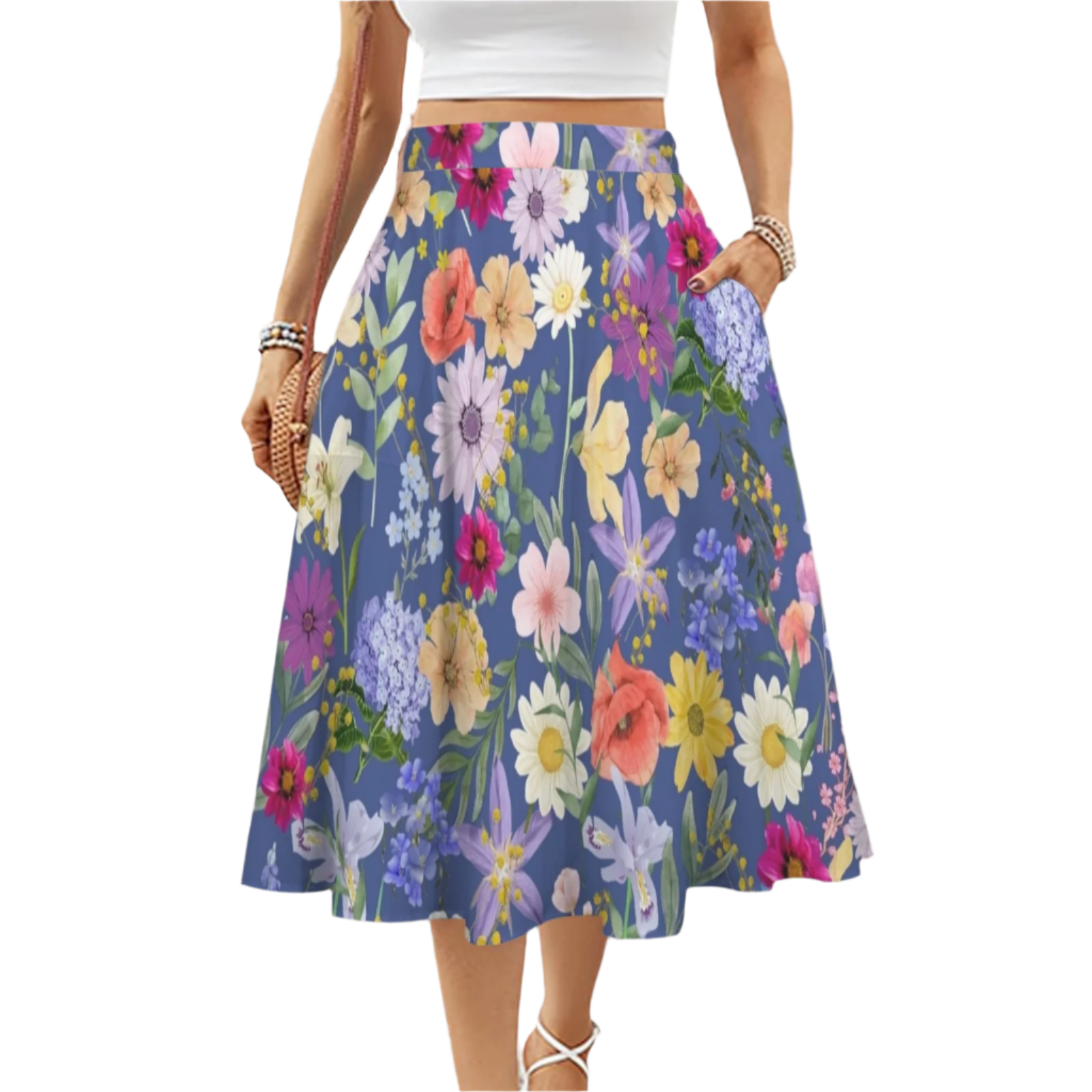 Blue Colourful Floral Mid Length Skirt with Pockets up to 5 XL (FWS)