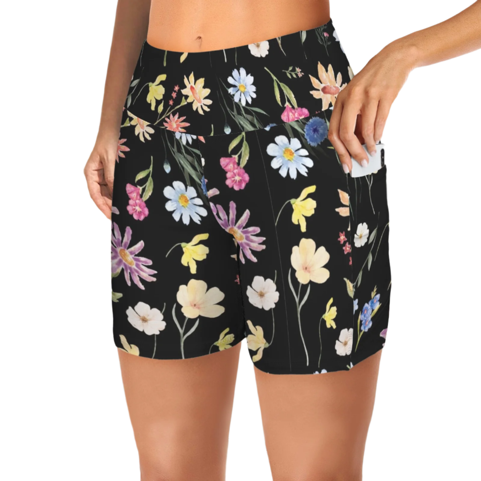 Wildflowers Painted Black Yoga Shorts with Pockets up to 5 XL (FWS)