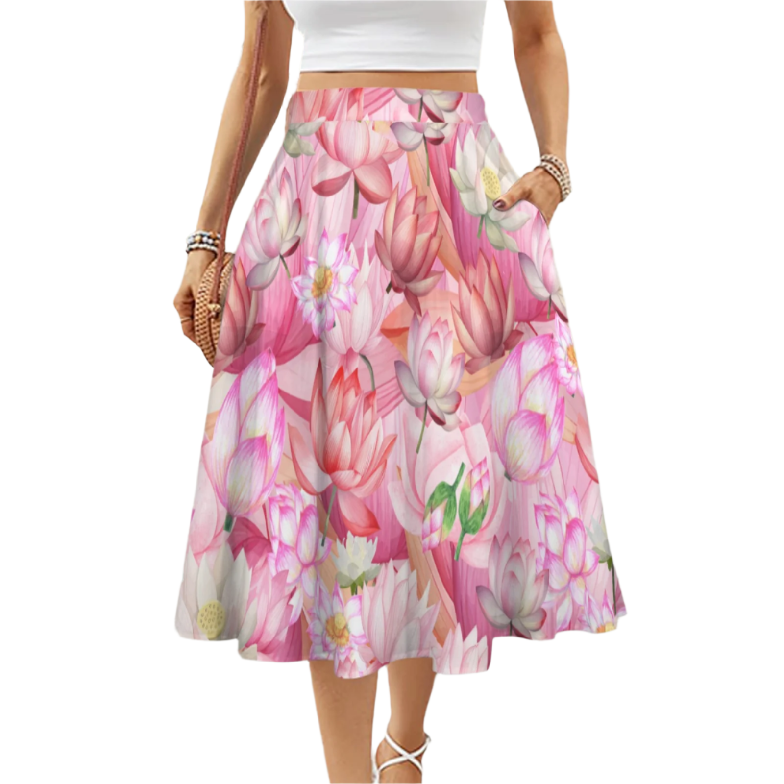 Pink Lotus Mid Length Skirt with Pockets up to 5 XL (FWS)