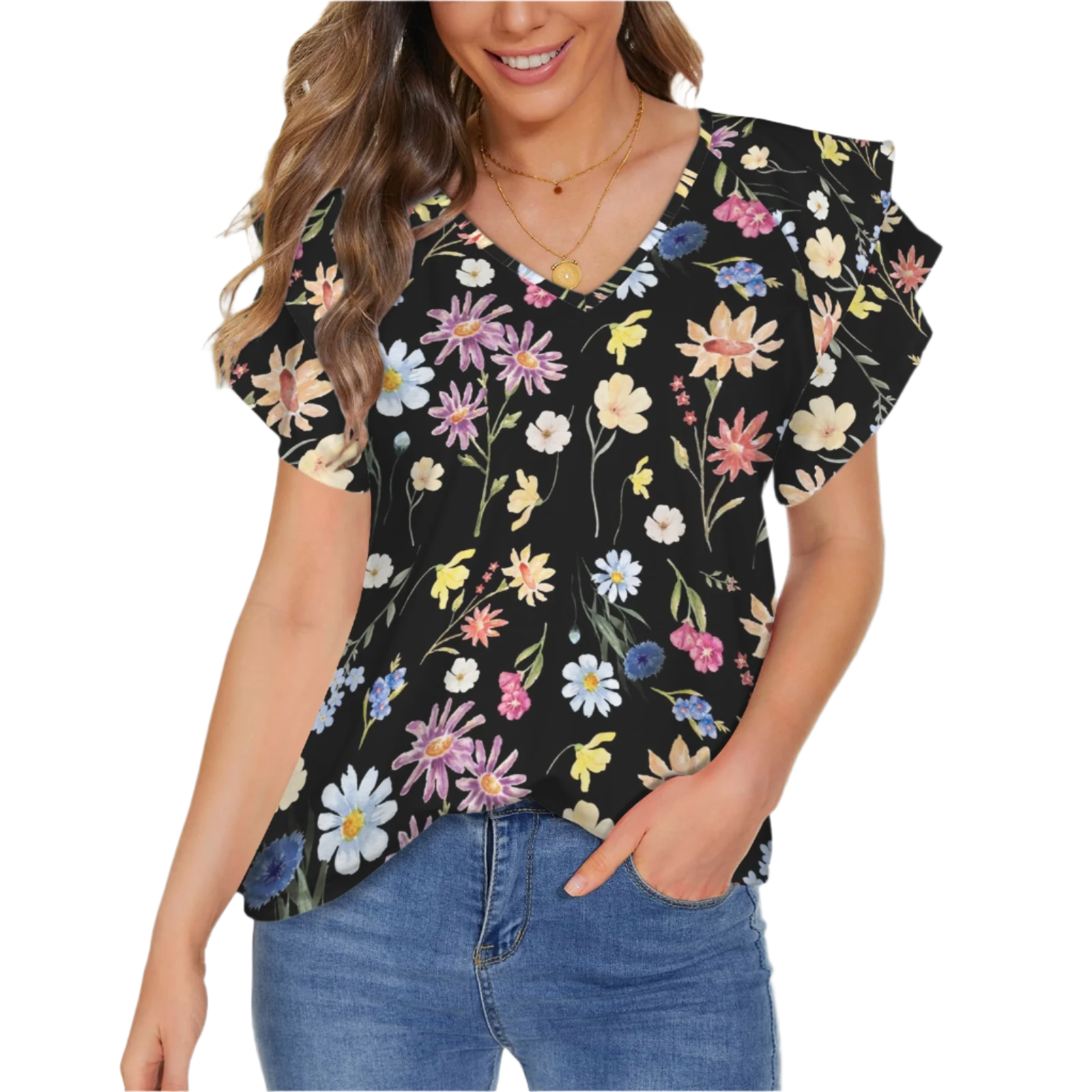 Wildflowers Painted Black V Neck Double Ruffle Sleeve Top up to 5 XL (FWS)