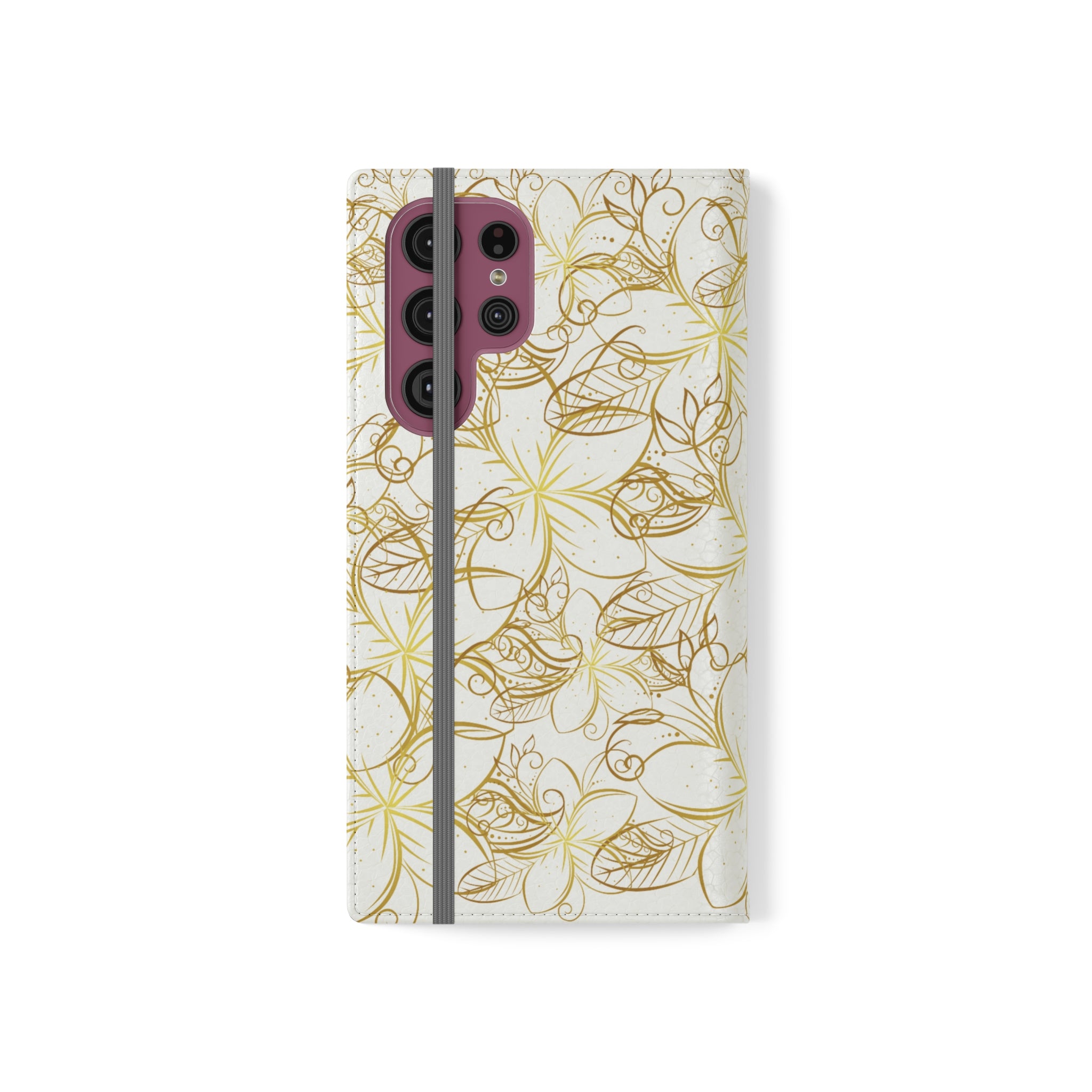 Golden Frangipanis White Wallet Style Phone Case Vegan Leather