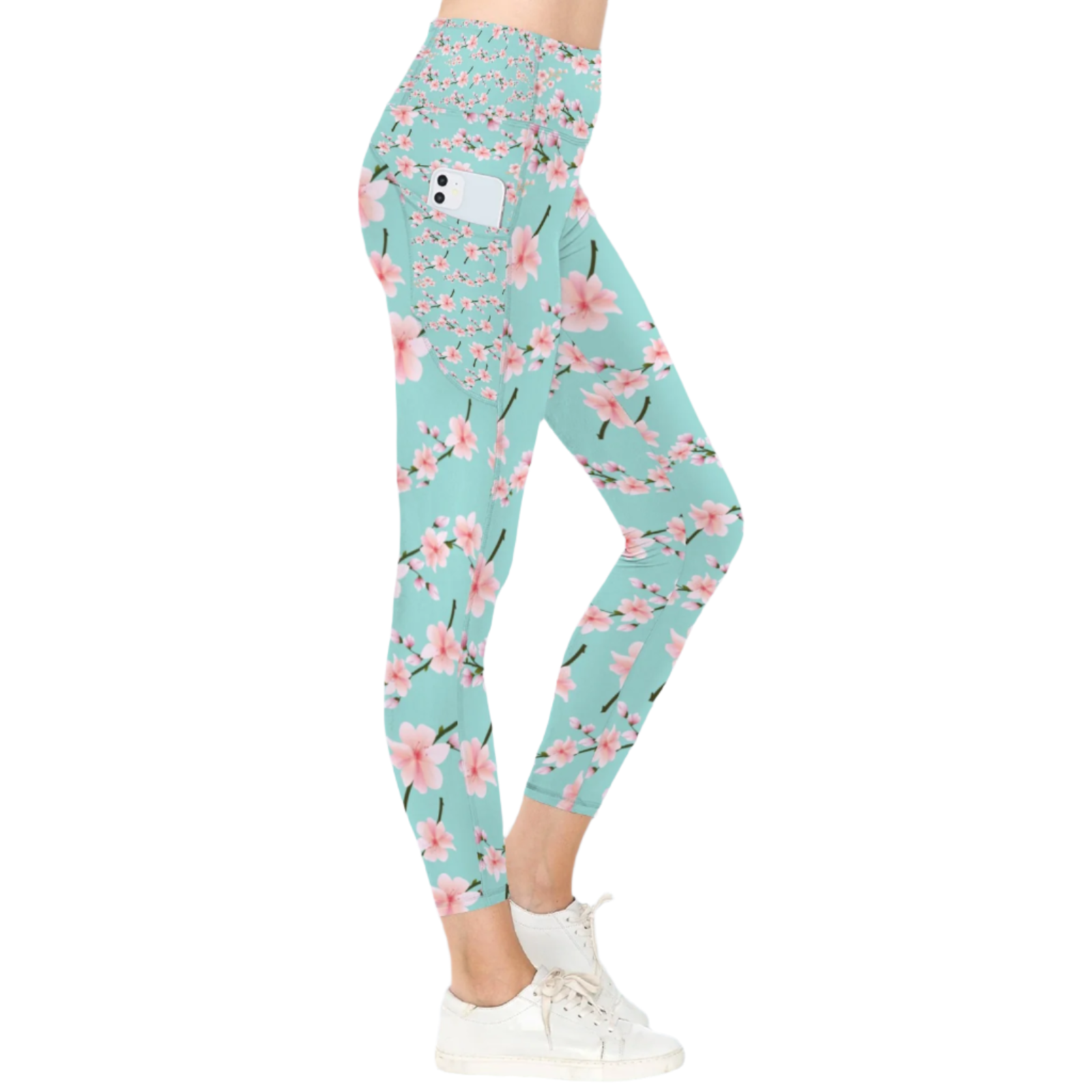 Japanese Pink Flowers Blue Leggings with Pockets up to 5 XL (FWS)