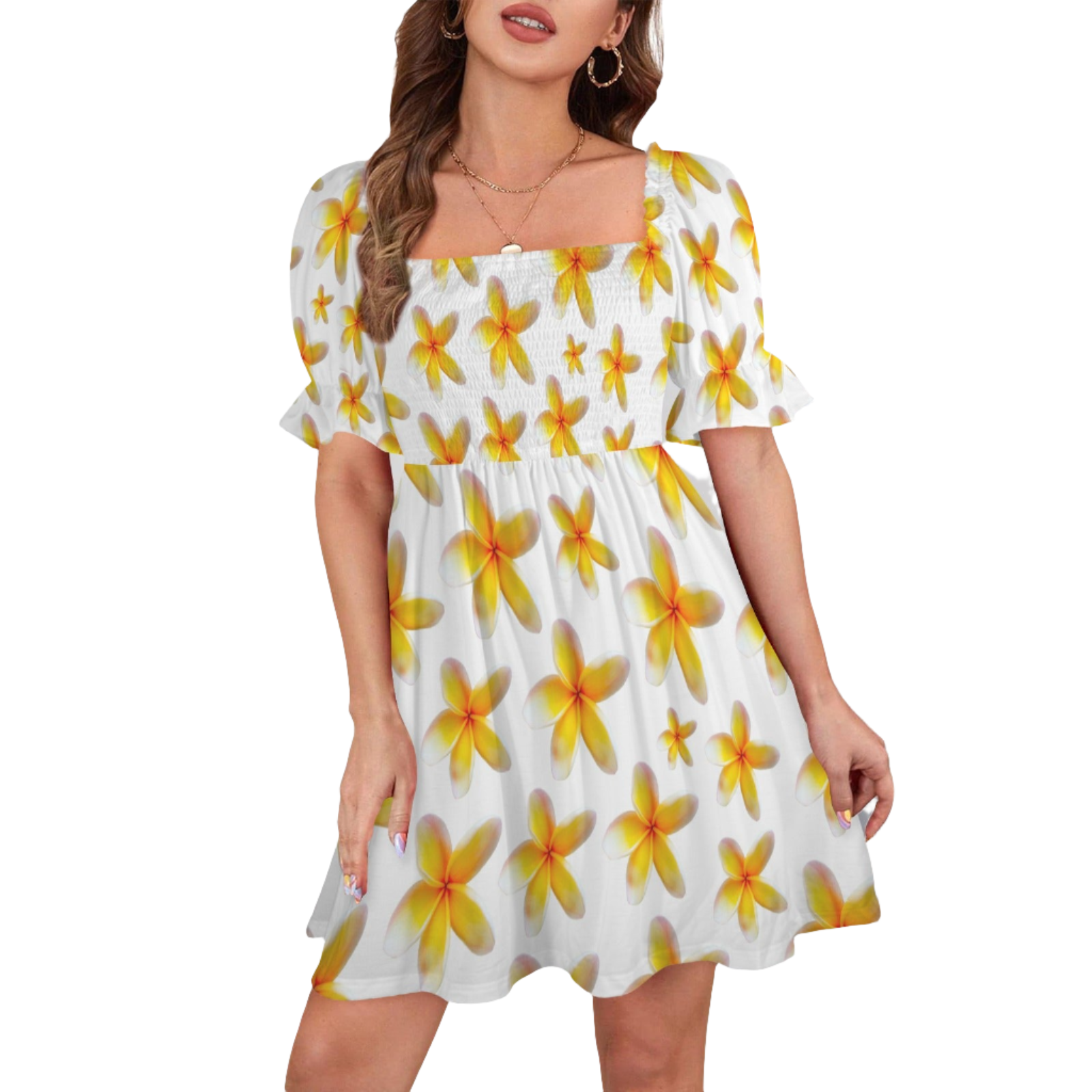 Yellow Frangipanis White Ruffles Square Neck Dress up to 5 XL (FWS)