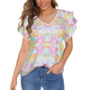 Pink Leaves Multi V Neck Double Ruffle Sleeve Top up to 5 XL (FWS)