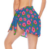 Graphic Pink Hibiscus Blue Short Chiffon Sarong Wrap up to 2 XL (FWS)