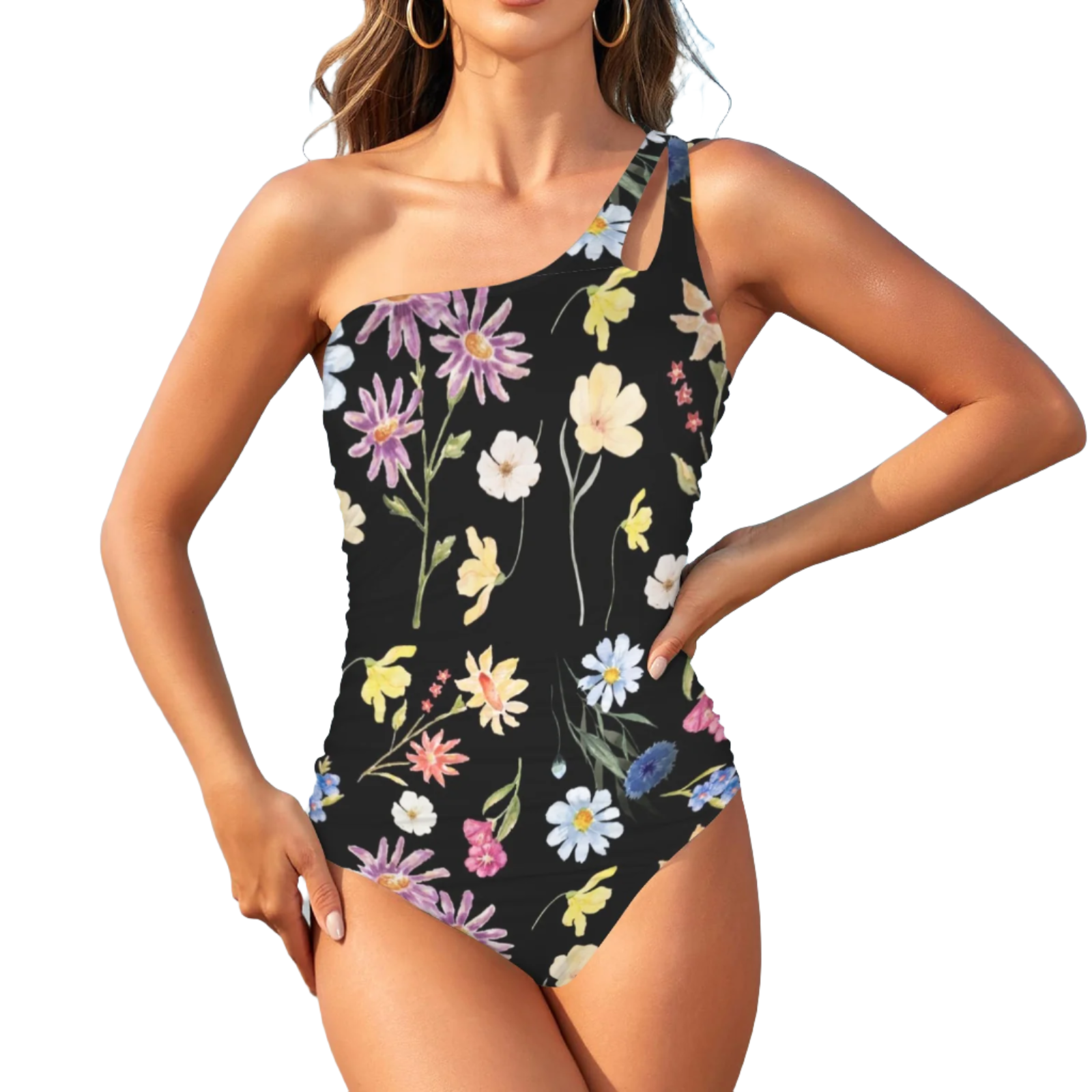 Wildflowers Painted Black Keyhole Bathing Suit up to 5 XL (FWS)