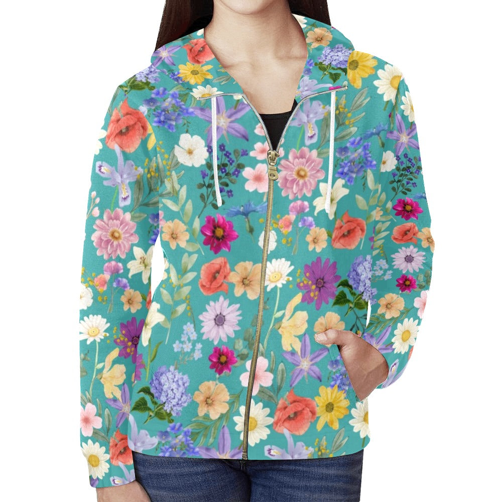 Teal Colourful Floral Full Zip Hoodie up to 2 XL