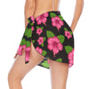 Graphic Pink Hibiscus Black Short Chiffon Sarong Wrap up to 2 XL (FWS)