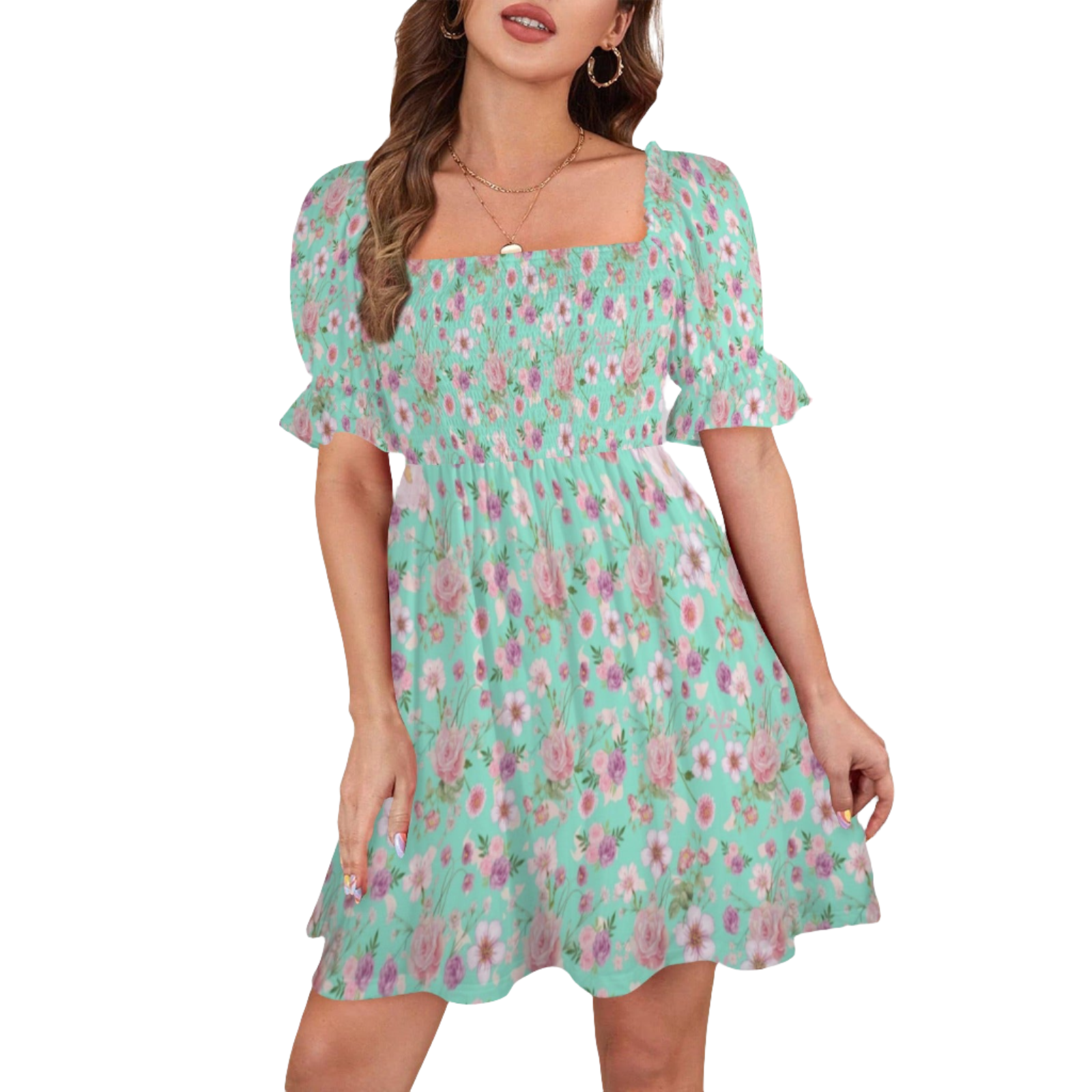 Aqua Floral Ruffles Square Neck Dress up to 5 XL (FWS)