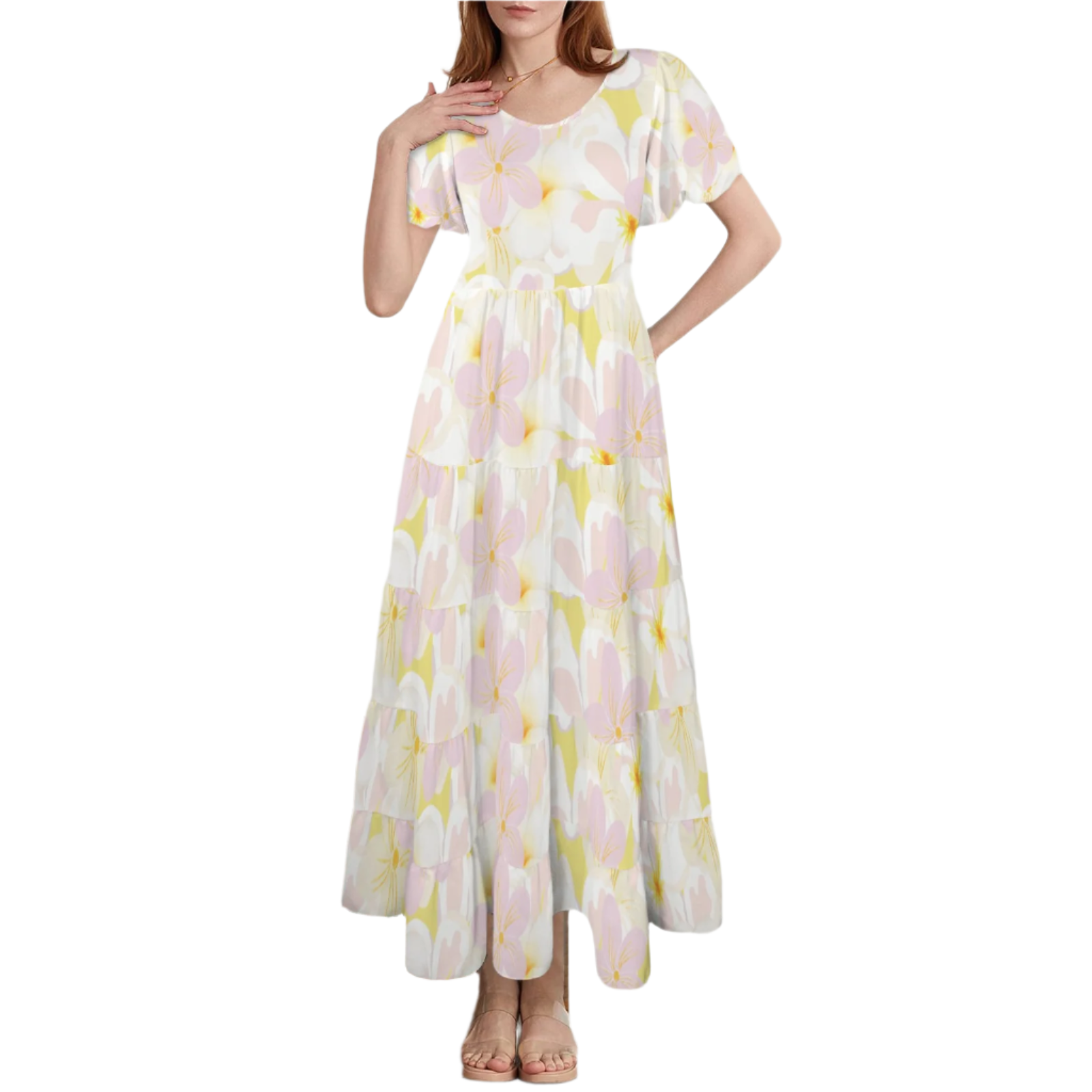 Pastel Frangipanis Yellow Round Neck Maxi Dress up to 5 XL (FWS)