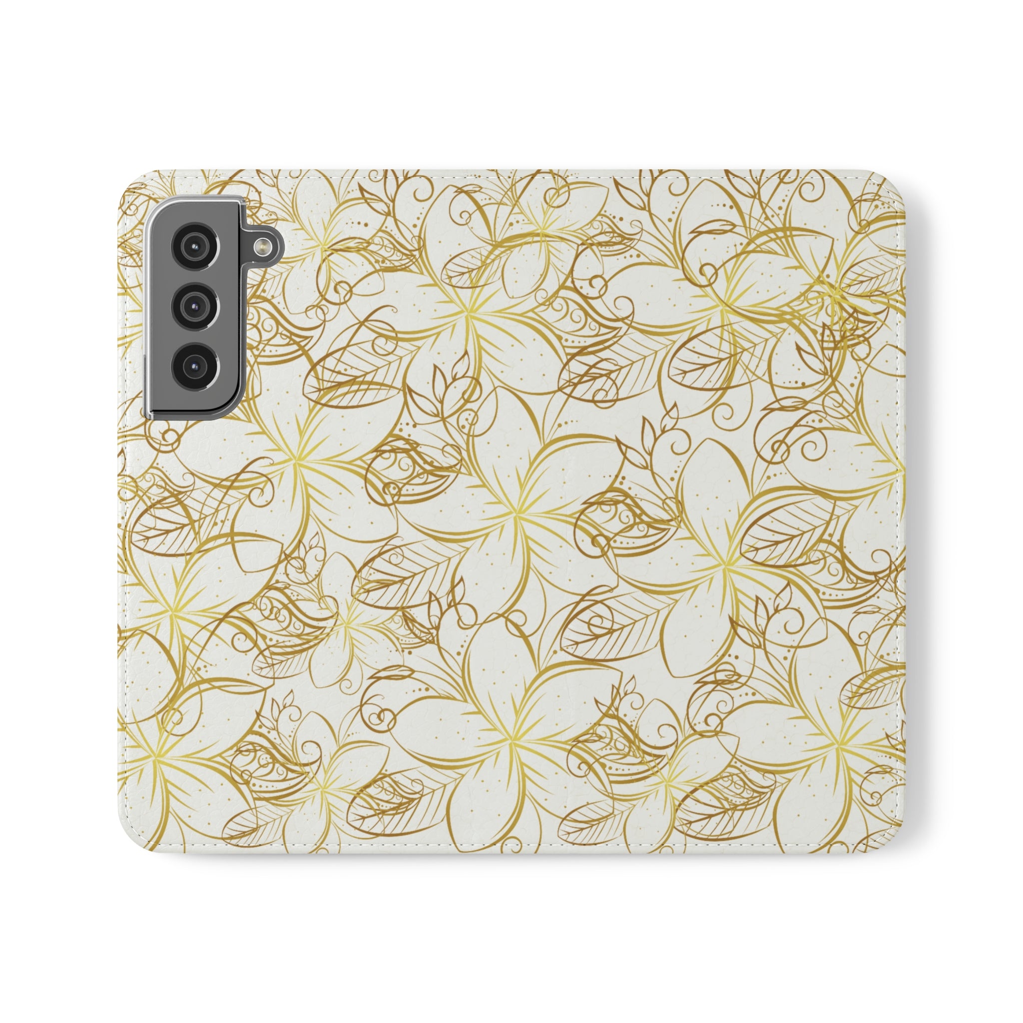 Golden Frangipanis White Wallet Style Phone Case Vegan Leather