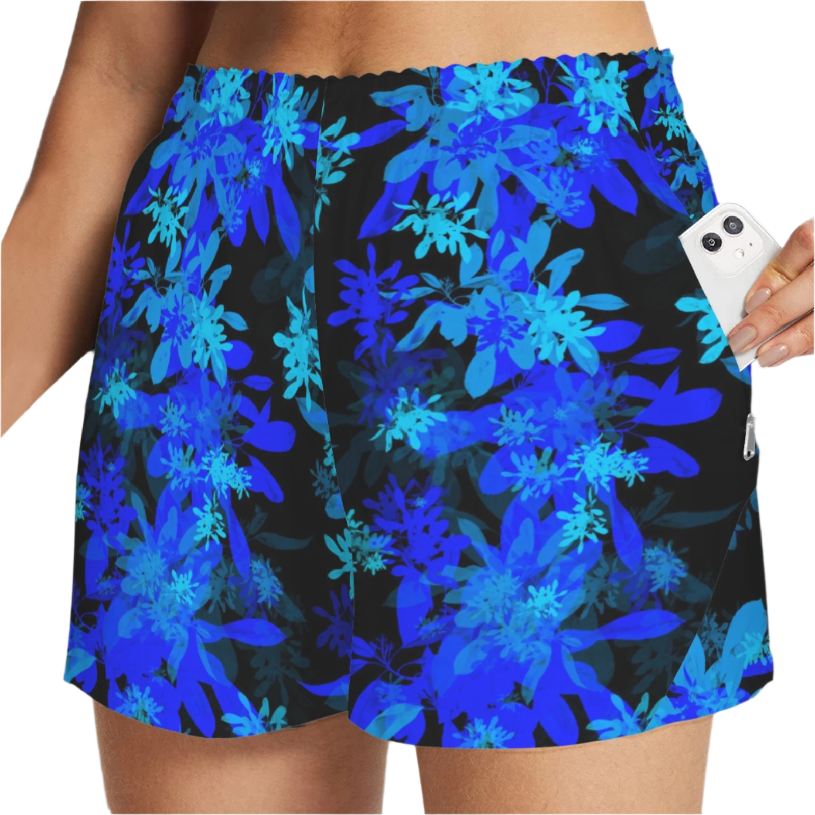 Black & Blue Leaves Art Zip Pocket Shorts up to 5 XL (FWS)