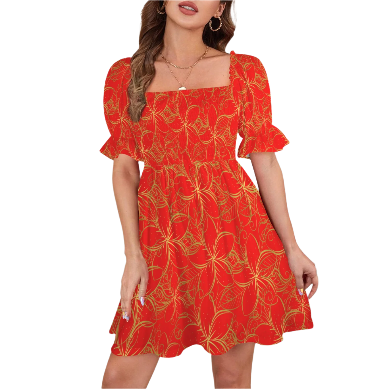 Golden Frangipani Red Ruffles Square Neck Dress up to 5 XL (FWS)