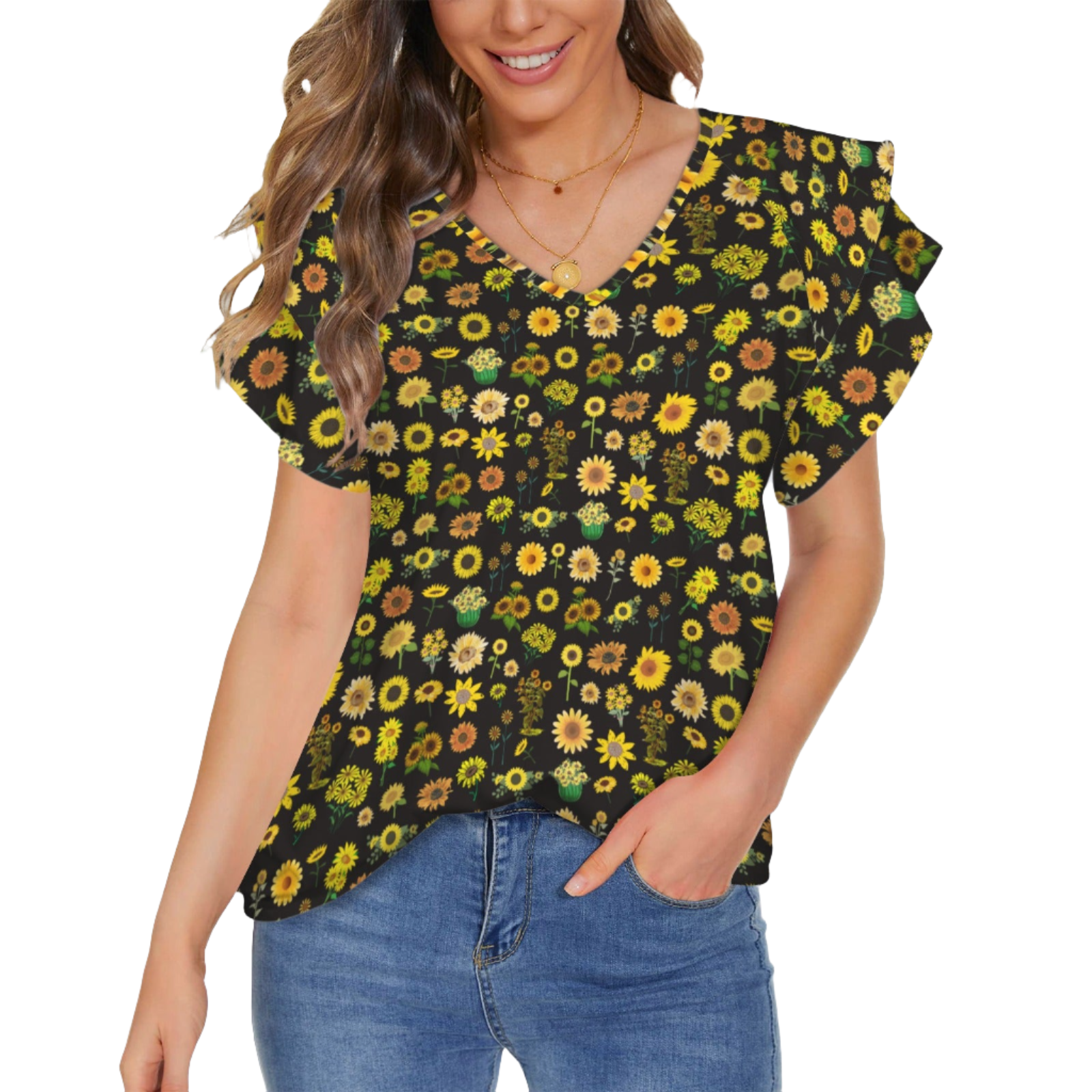 Sunflowers Graphic Black V Neck Double Ruffle Hem Top up to 5 XL (FWS)