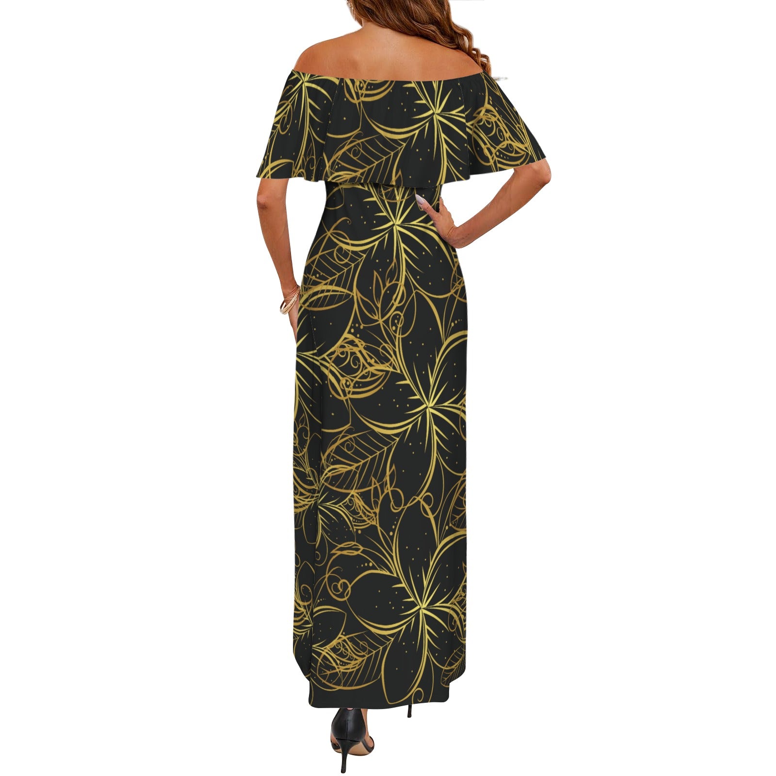 Golden Frangipani Black Off Shoulder Maxi Dress up to 6 XL (FWS)