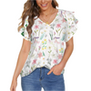 Graphic Lillies White V Neck Double Ruffle Sleeve Top up to 5 XL (FWS)