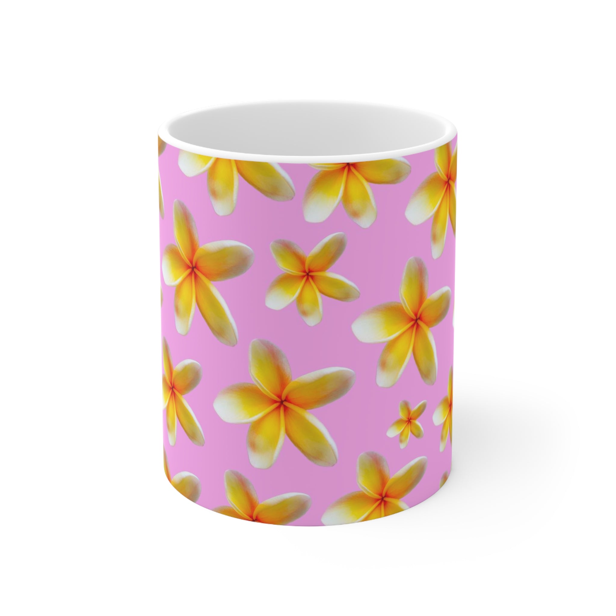 Yellow Frangipanis Pink Mug 11oz (Microwave & Dishwasher Safe)