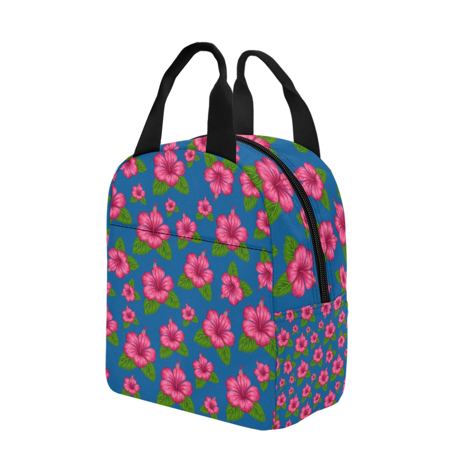 Graphic Pink Hibiscus Blue Insulated Zipper Lunch Bag