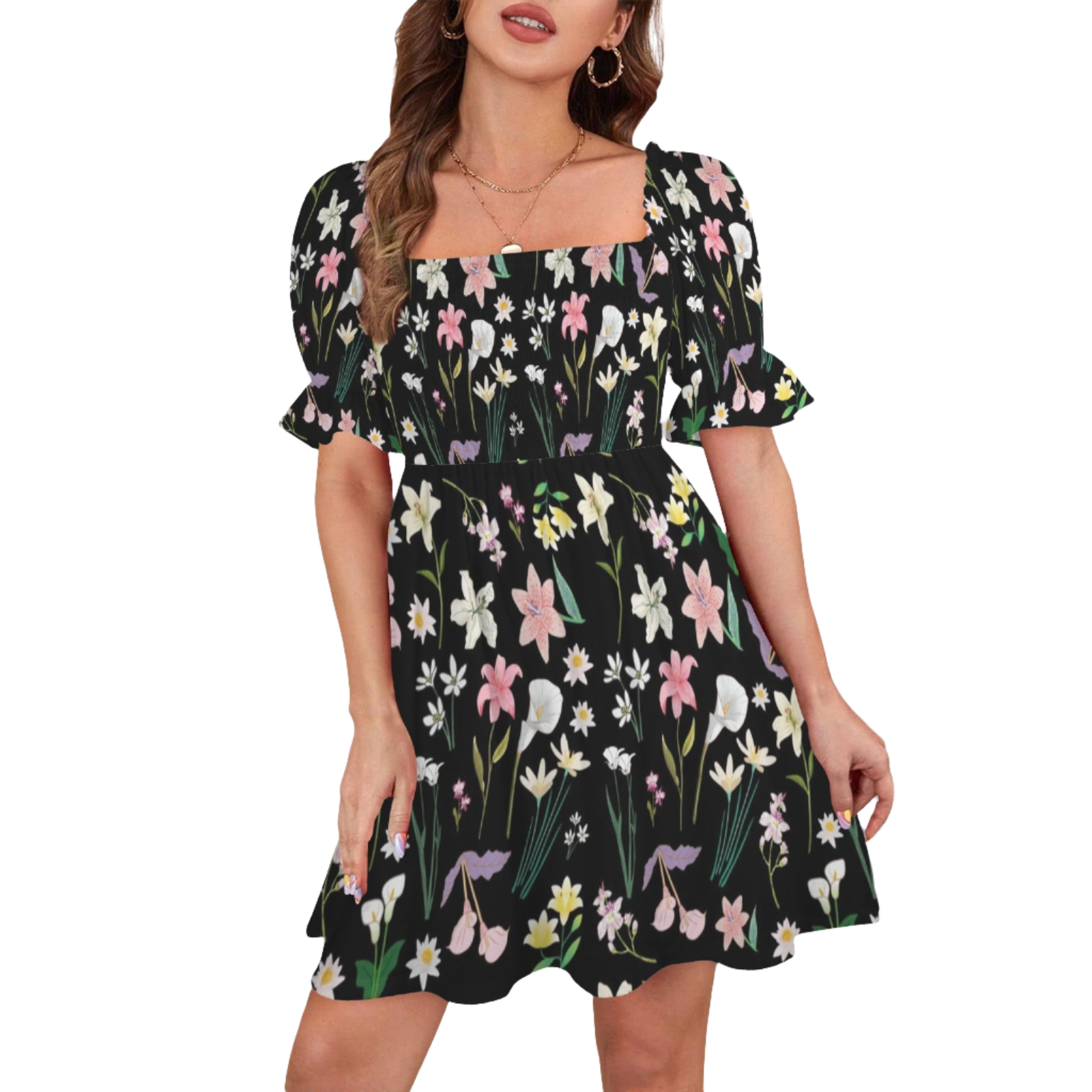 Graphic Lillies Black Ruffles Square Neck Dress up to 5 XL (FWS)