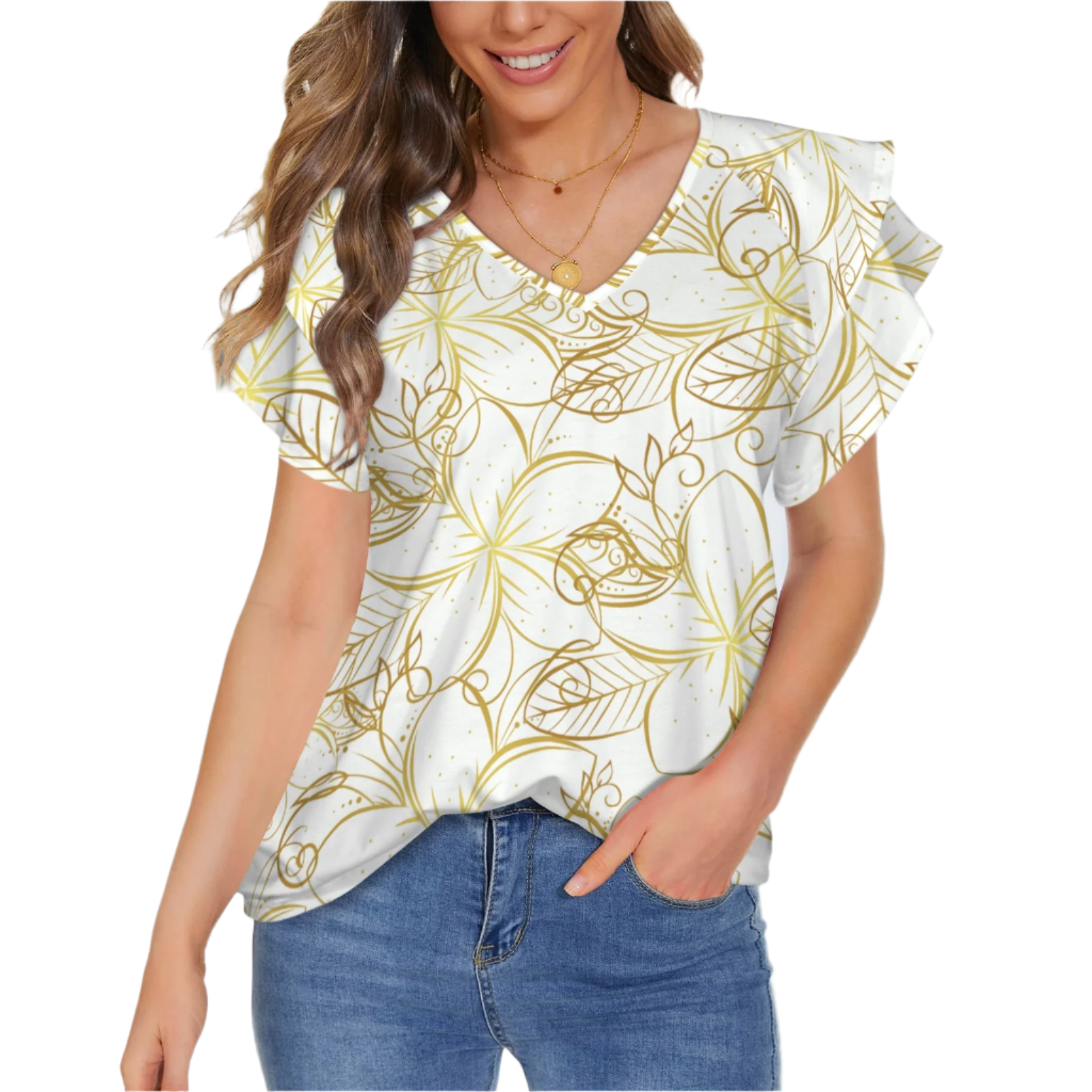 Golden Frangipani White V Neck Double Ruffle Sleeve Top up to 5 XL (FWS)