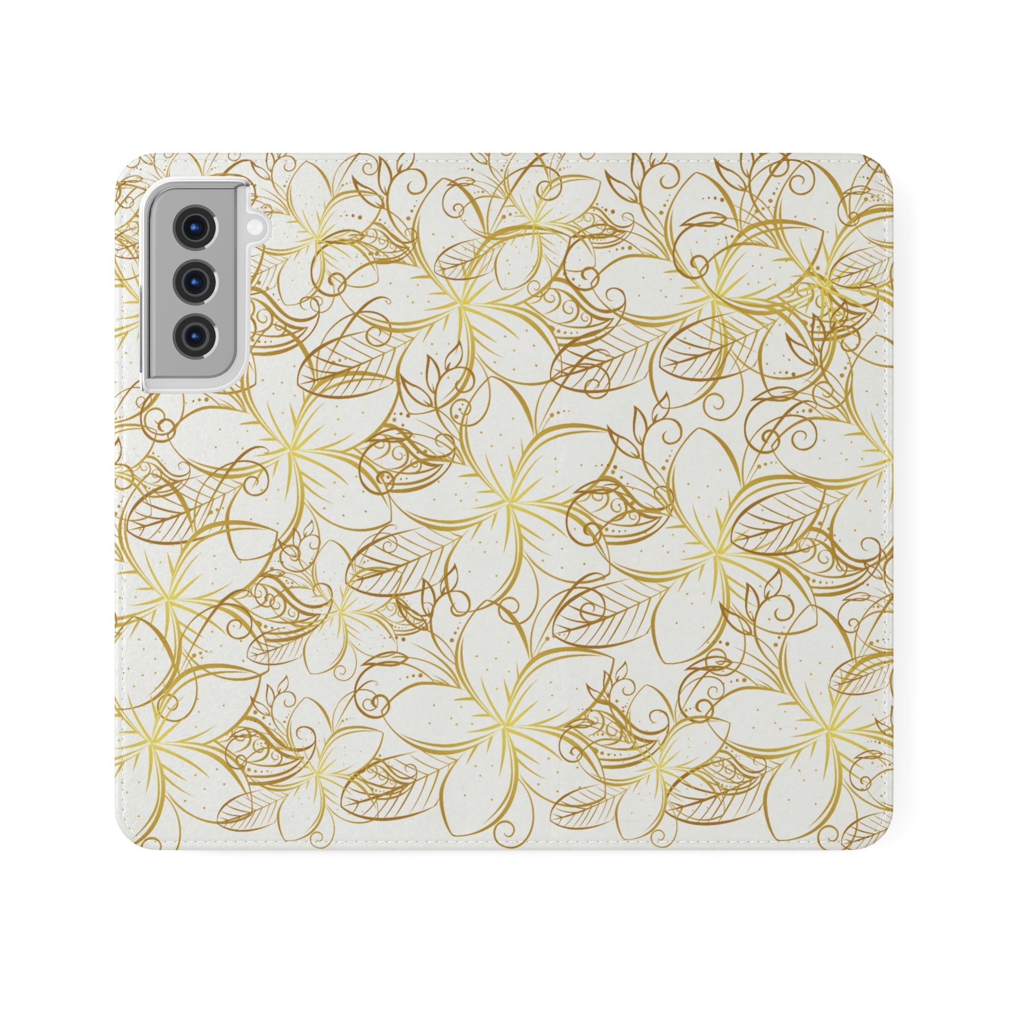 Golden Frangipanis White Wallet Style Phone Case Vegan Leather