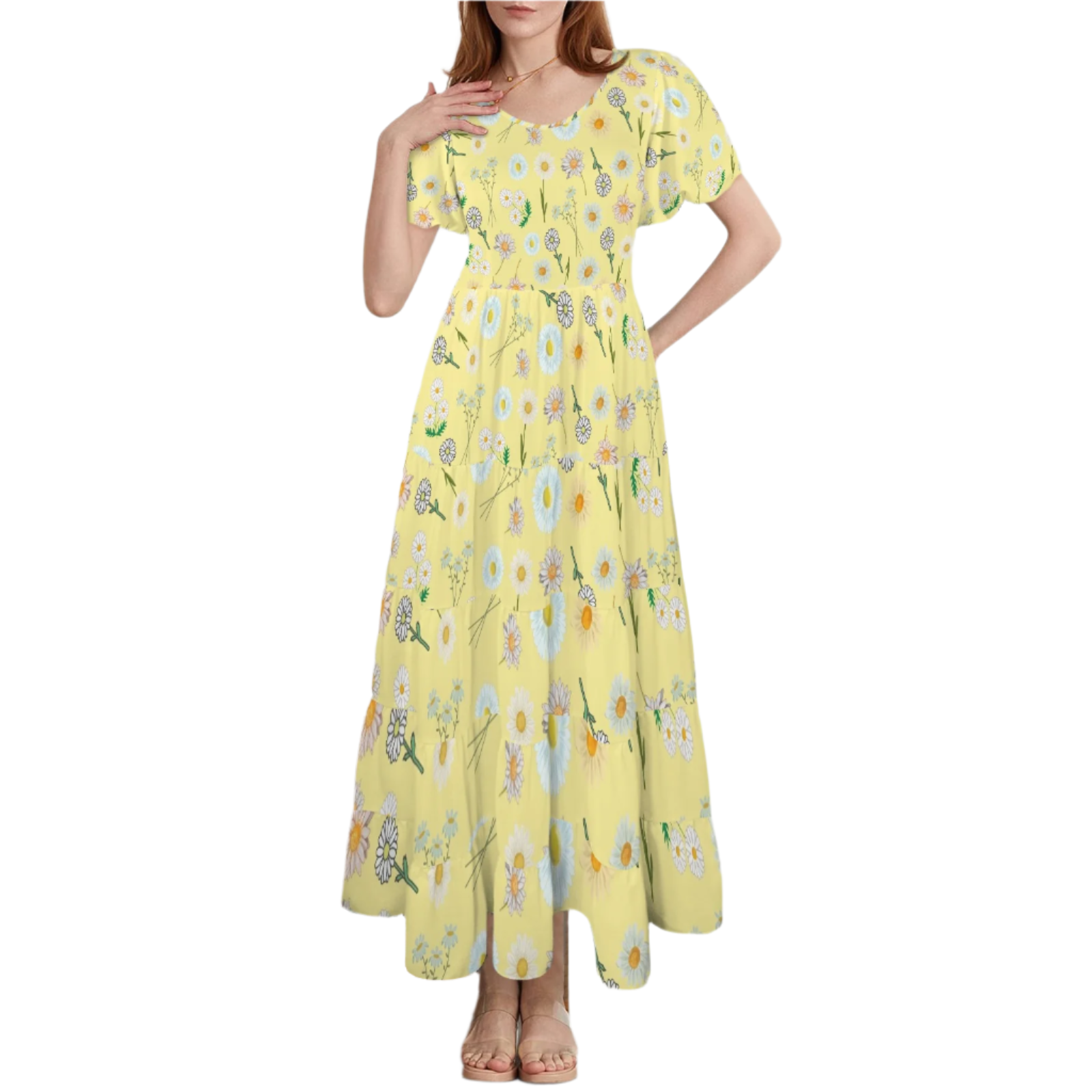 Graphic Daisies Yellow Round Neck Maxi Dress up to 5 XL (FWS)