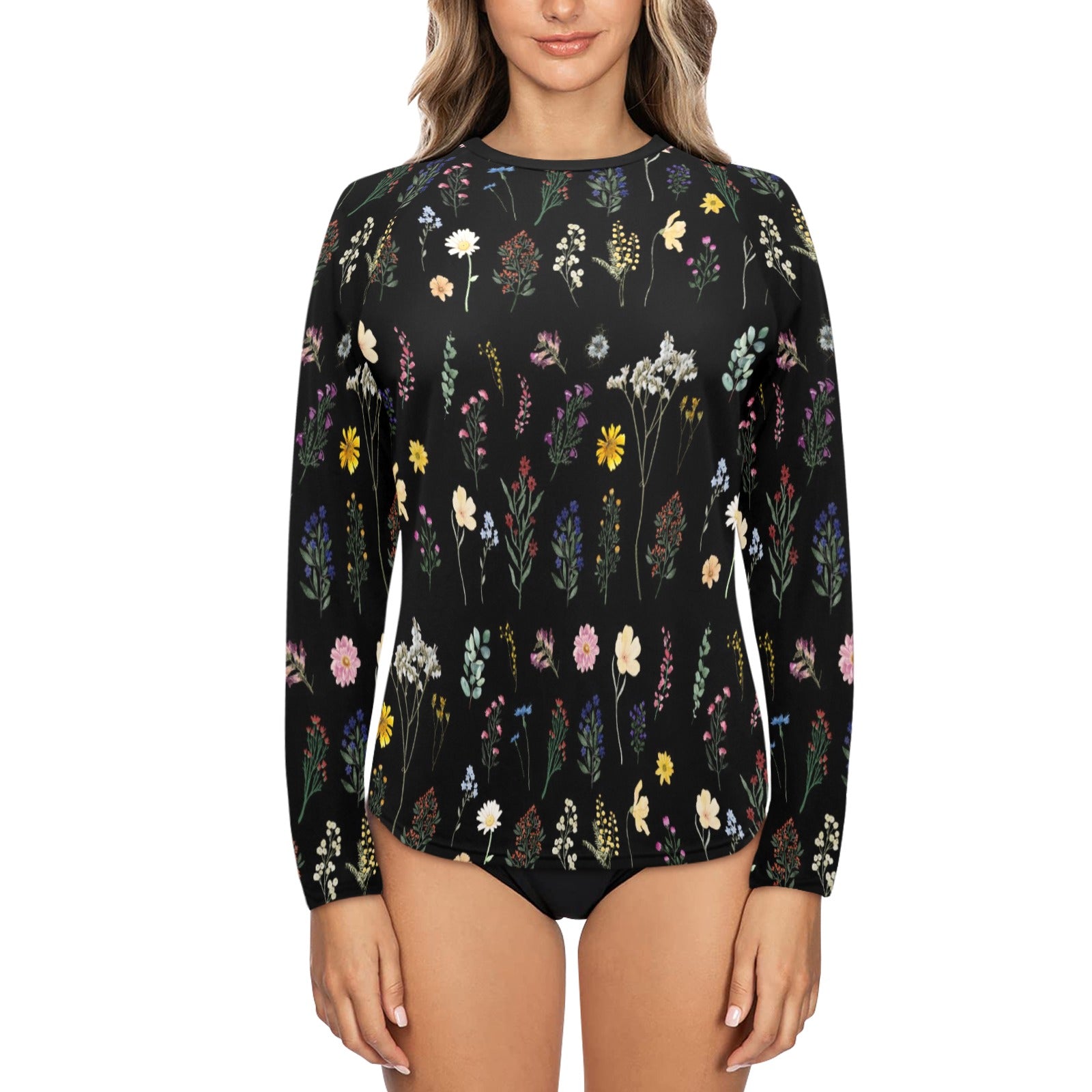 Wildflowers Black Women's Long Sleeve Swim Shirt up to 2 XL