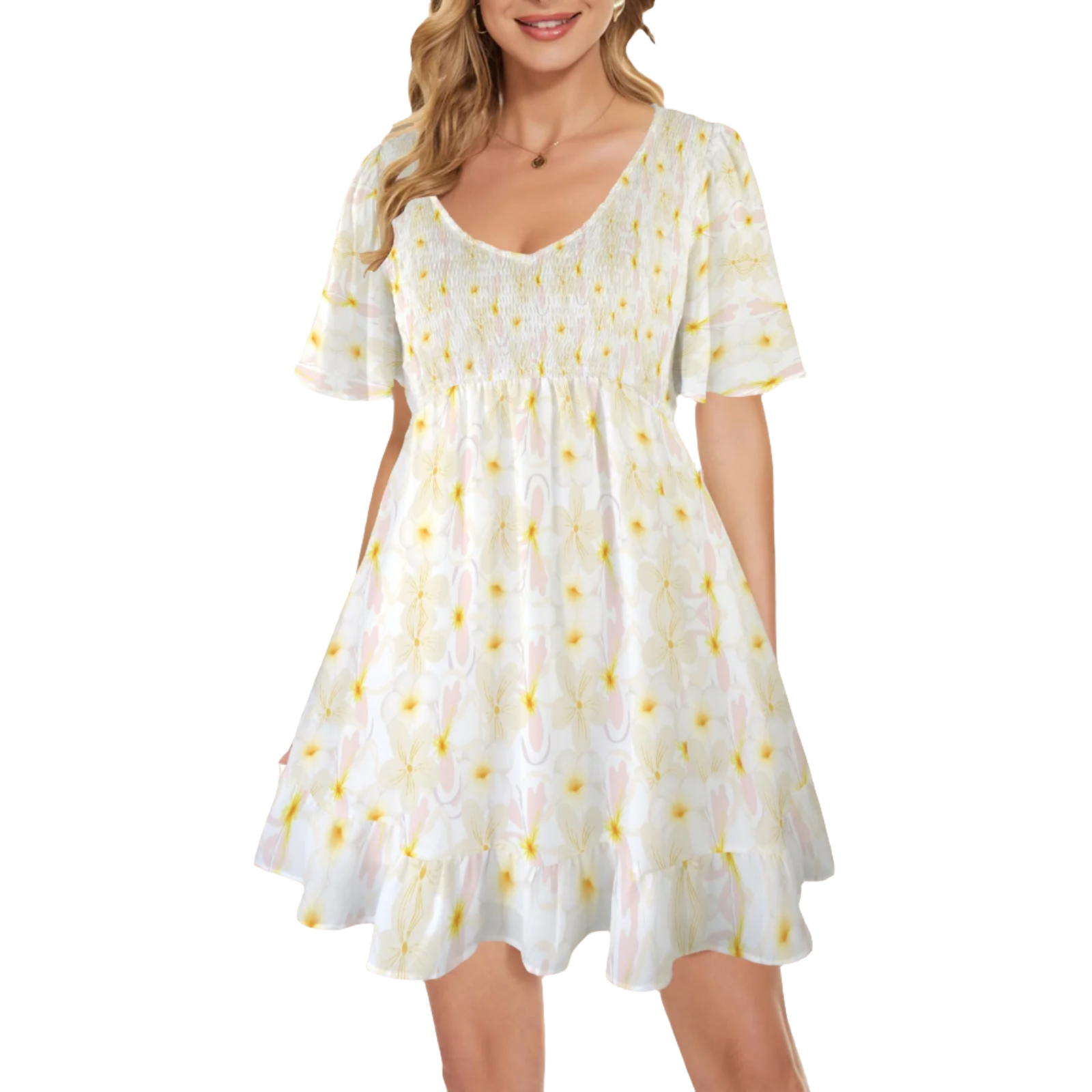 Pastel Frangipanis V Neck Flutter Sleeves Dress up to 5 XL (FWS)