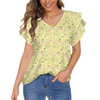 Graphic Lillies Yellow V Neck Double Ruffle Sleeve Top up to 5 XL (FWS)