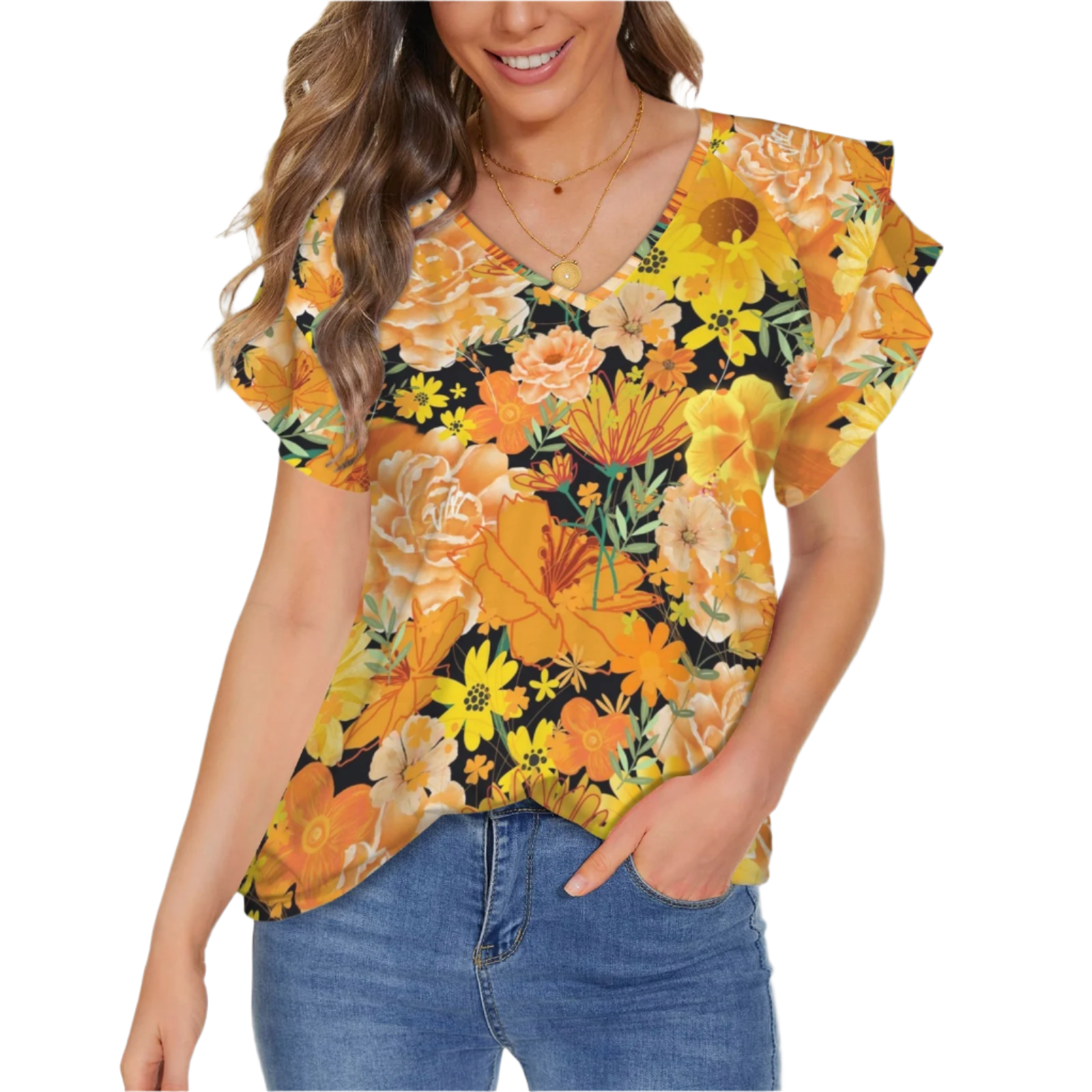 Orange & Yellow Floral Black V Neck Double Ruffle Sleeve Top up to 5 XL (FWS)