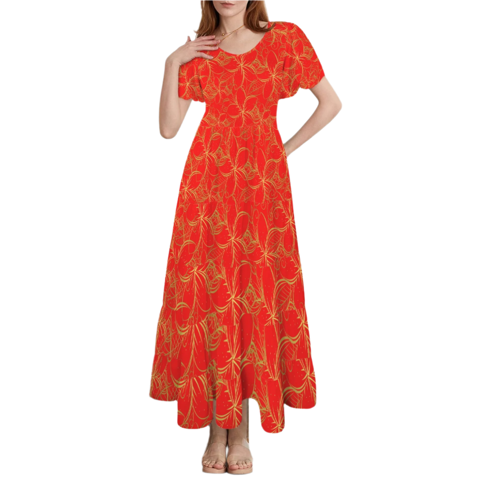 Golden Frangipani Red Round Neck Maxi Dress up to 5 XL (FWS)