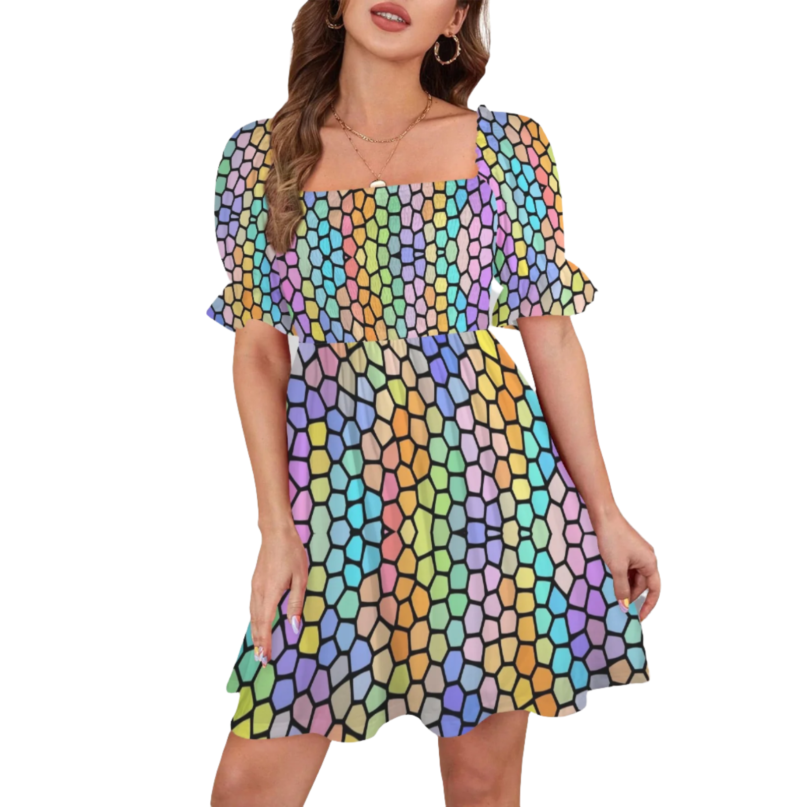 Windswept Rainbows Stained Glass Ruffles Square Neck Dress up to 5 XL (FWS)