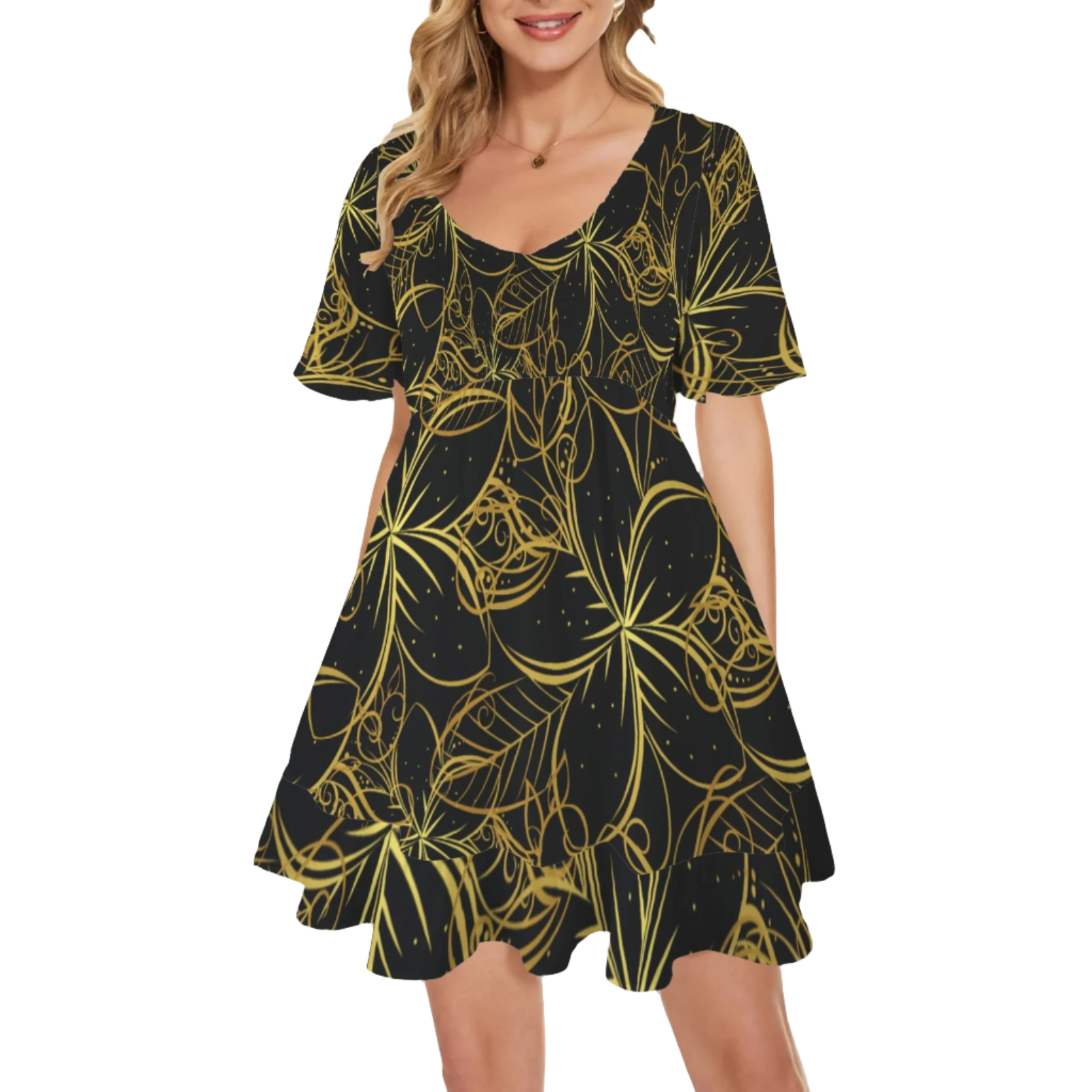 Golden Frangipani Black V Neck Flutter Sleeves Dress up to 5 XL (FWS)