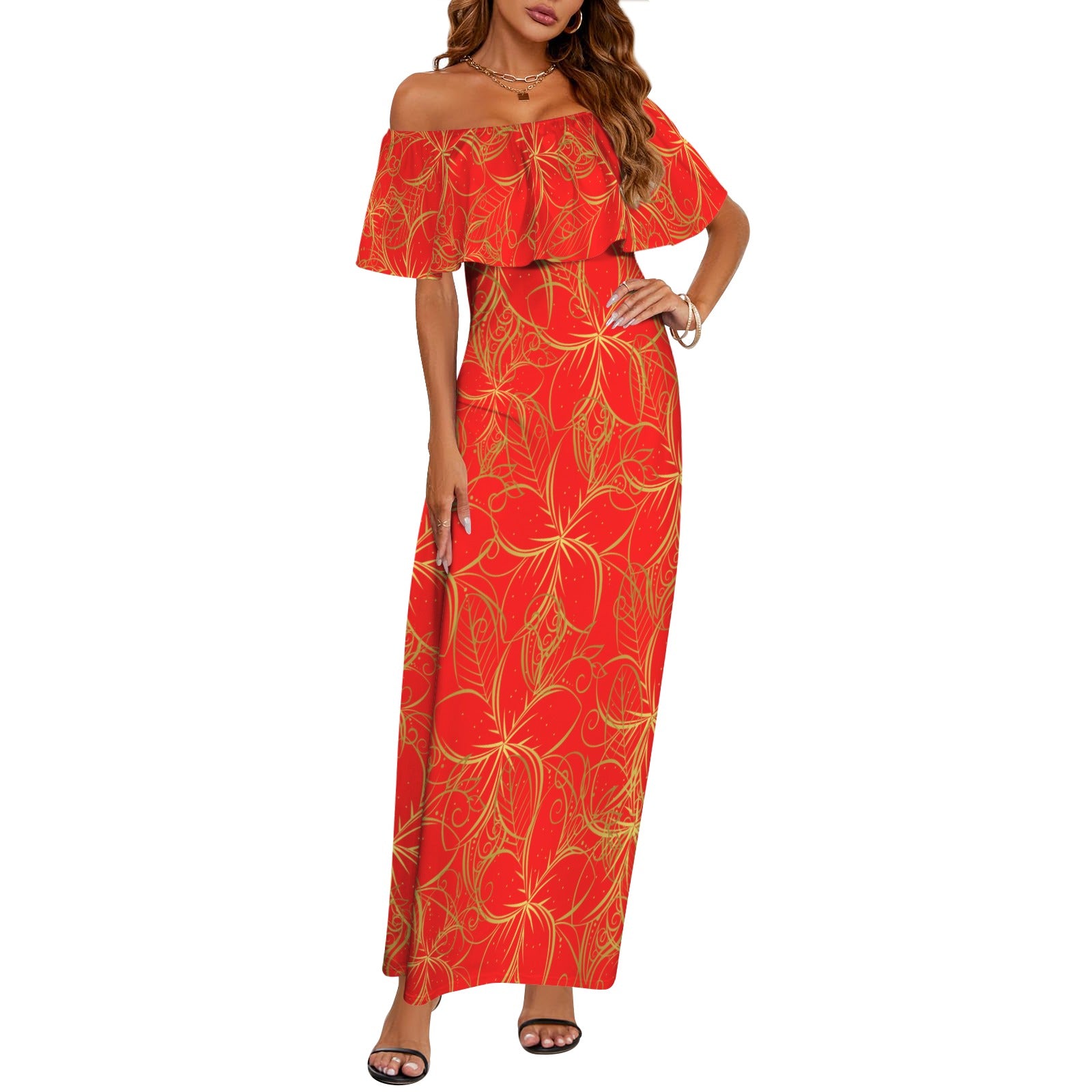 Golden Frangipani Red Off Shoulder Maxi Dress up to 6 XL (FWS)