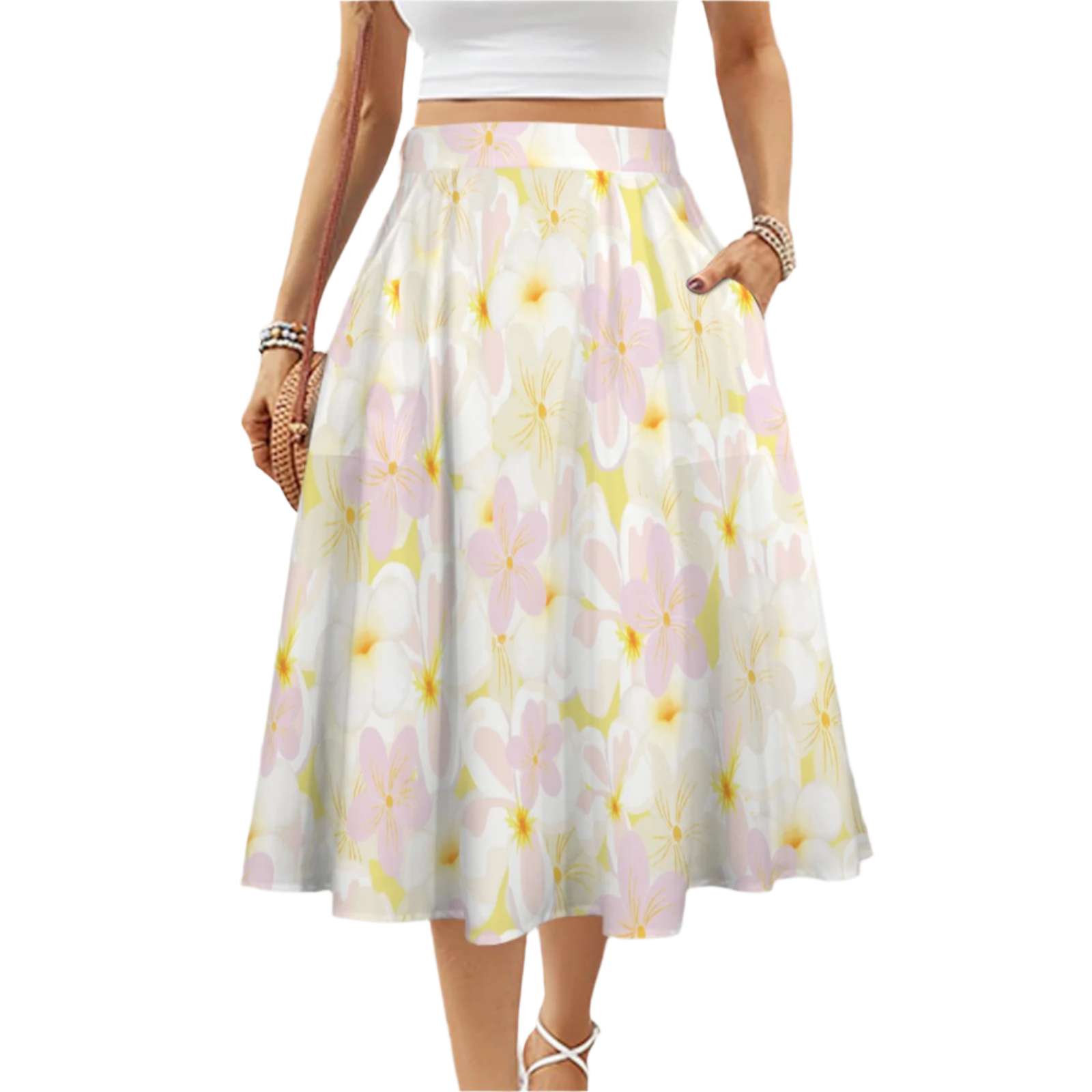 Pastel Frangipanis Yellow Mid Length Skirt with Pockets up to 5 XL (FWS)