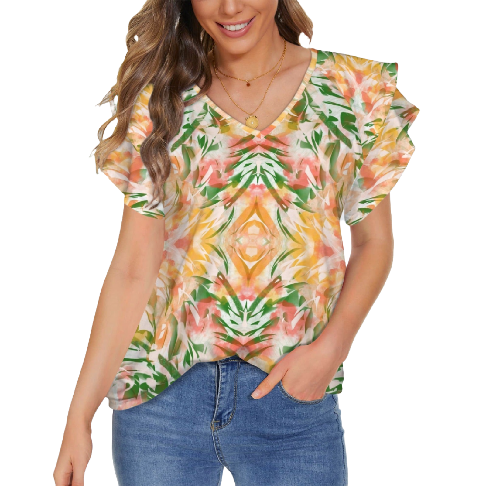 Bush Art V Neck Double Ruffle Sleeve Top up to 5 XL (FWS)