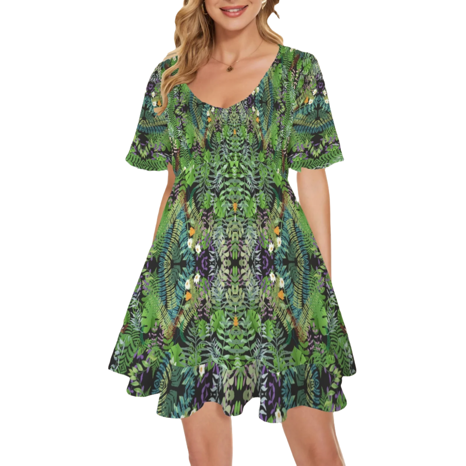 Graphic Jungle V Neck Flutter Sleeves Dress up to 5 XL (FWS)