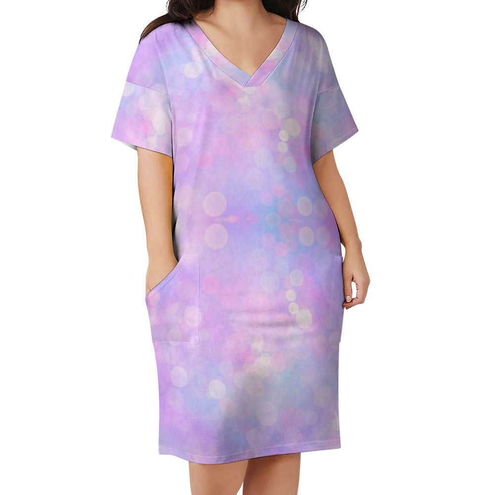 Sunlit Day V Neck Short Sleeves Loose Pocket Dress up to 5 XL (FWS)