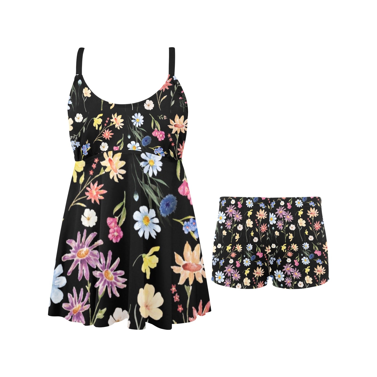 Wildflowers Painted Black Tankini with Shorts up to 5 XL (FWS)