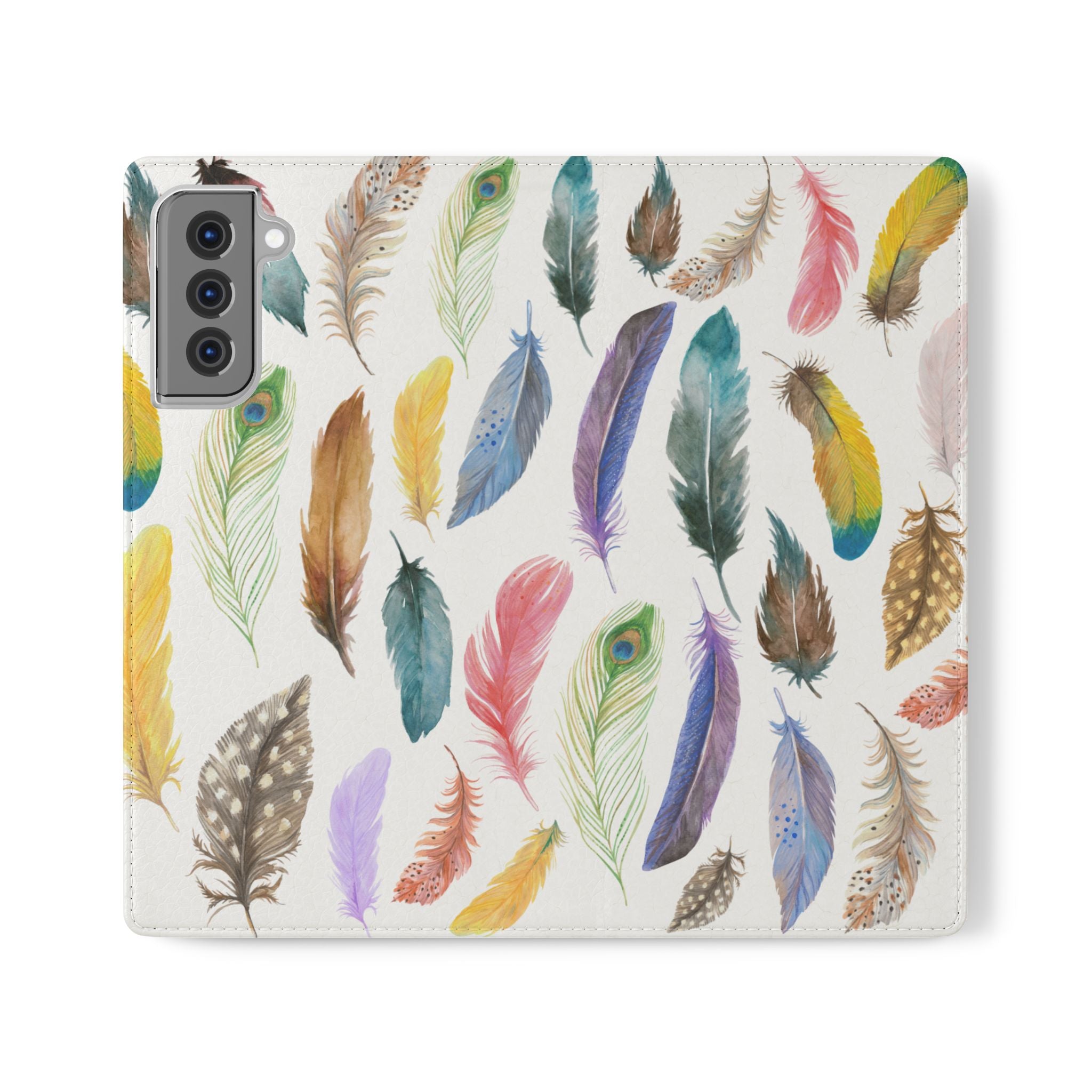 Colourful Feathers Wallet Style Phone Case Vegan Leather