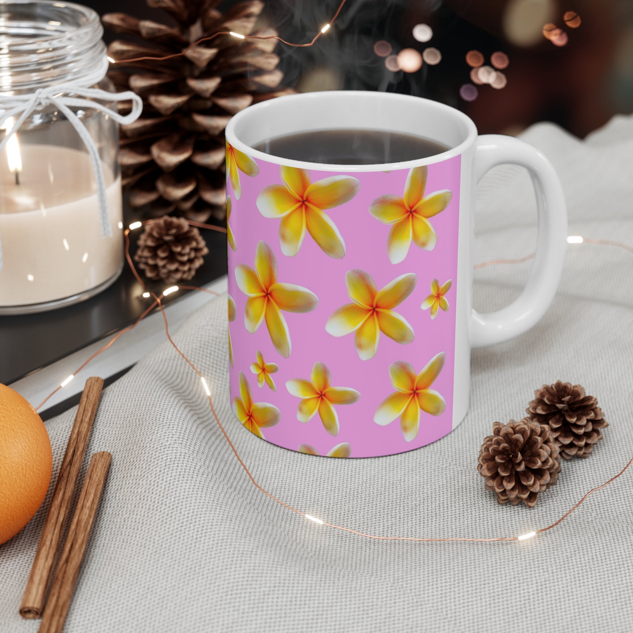 Yellow Frangipanis Pink Mug 11oz (Microwave & Dishwasher Safe)