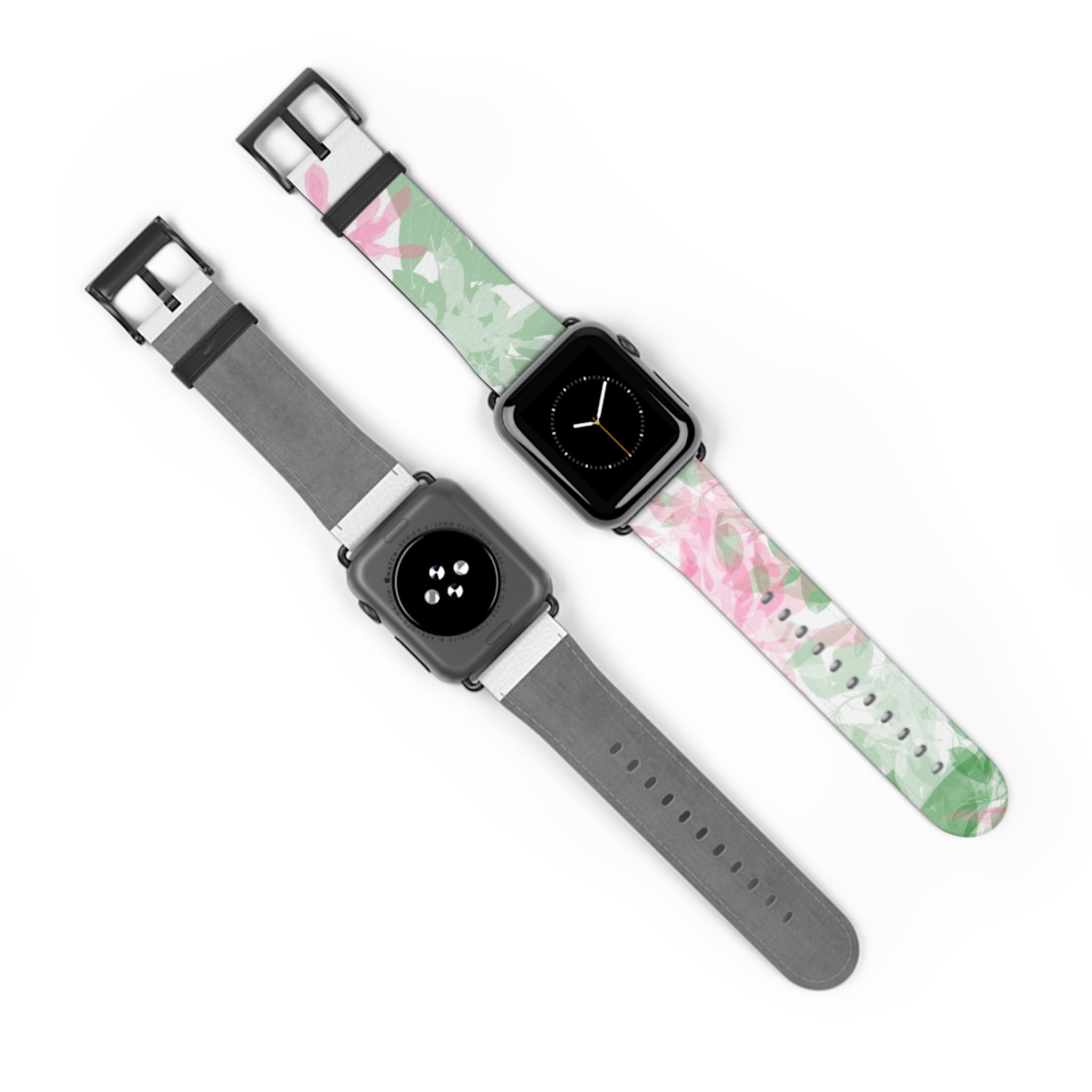 Green & Pink Leaves Apple iWatch Replacement Strap Vegan Leather (FWS)