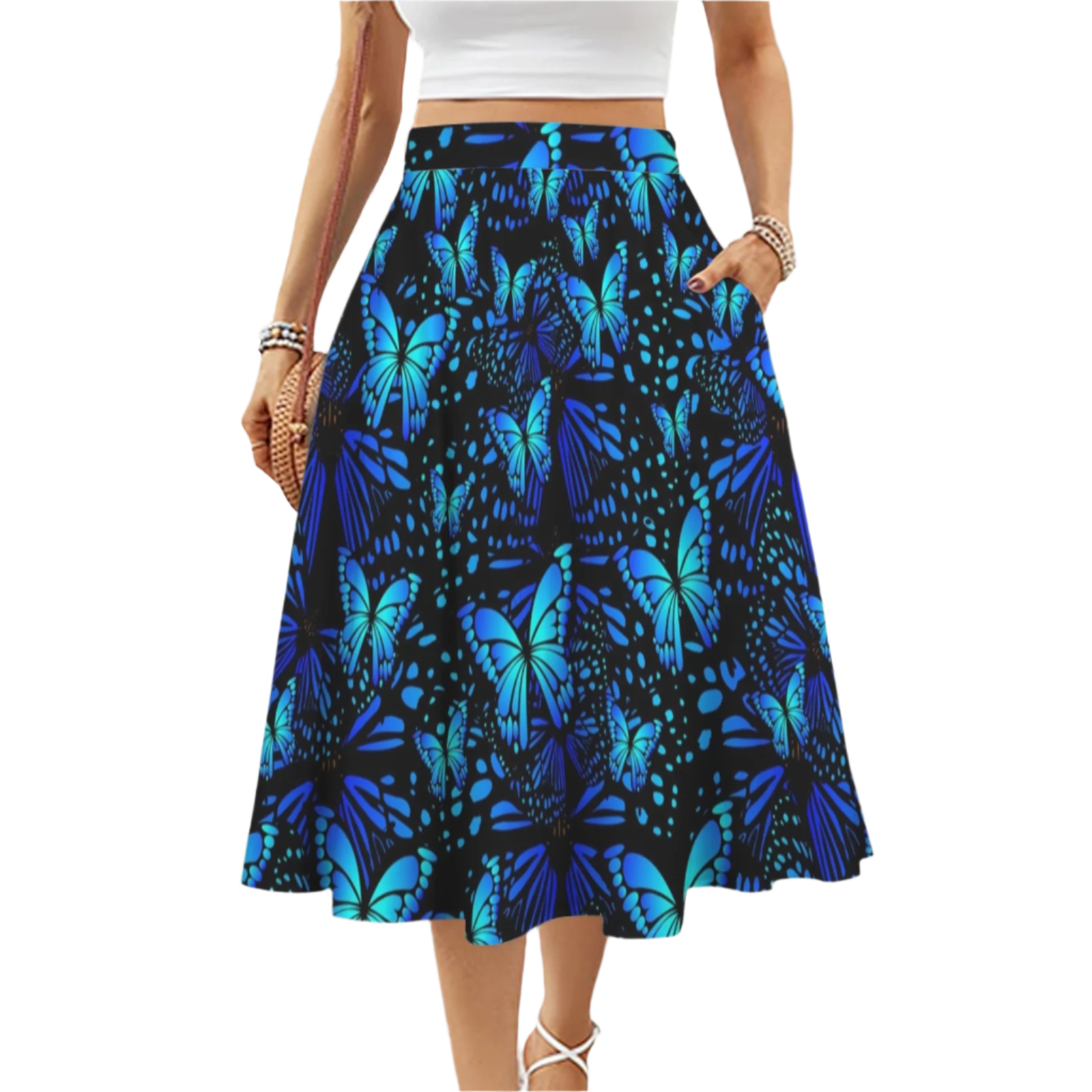 Blue Butterflies Mid Length Skirt with Pockets up to 5 XL (FWS)