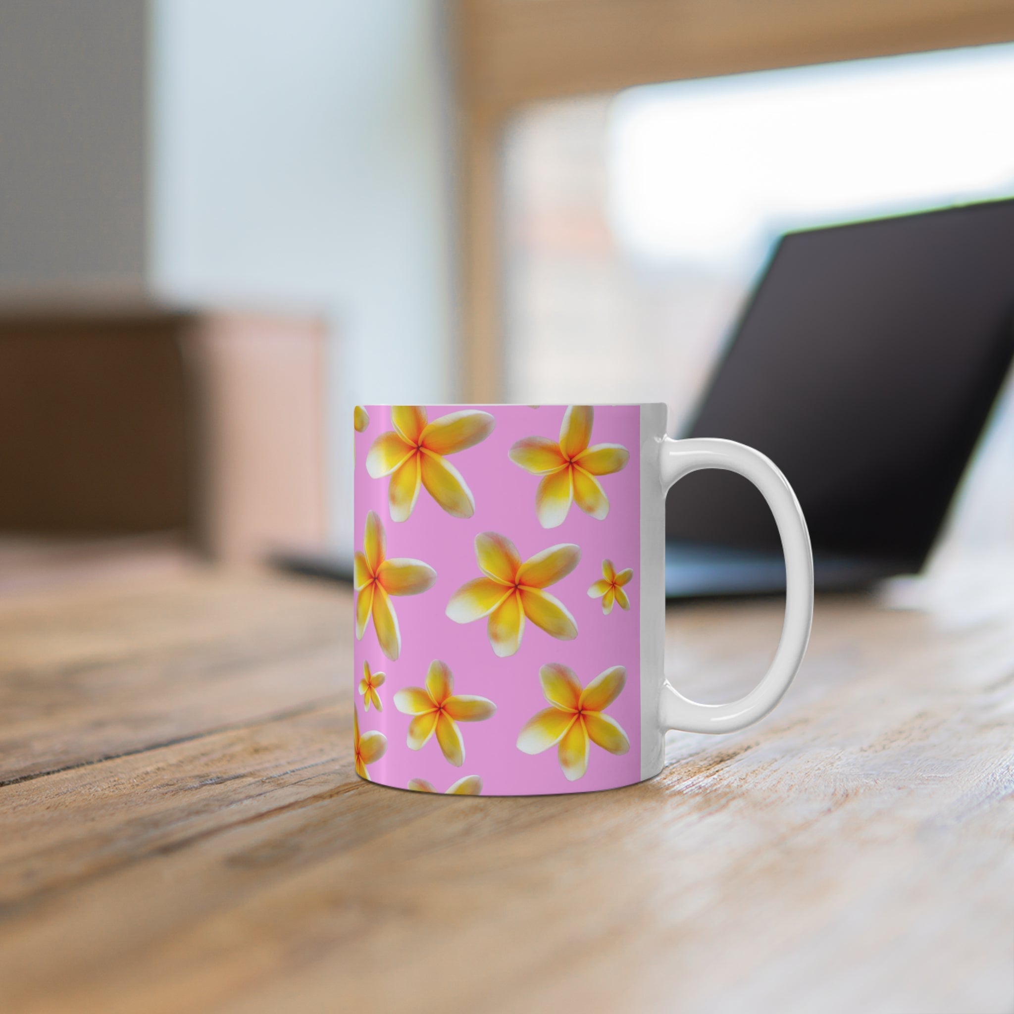 Yellow Frangipanis Pink Mug 11oz (Microwave & Dishwasher Safe)