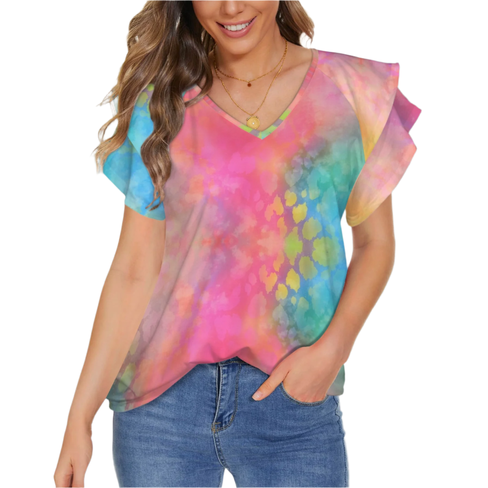 Rainbow Cotton Floss V Neck Double Ruffle Sleeve Top up to 5 XL (FWS)