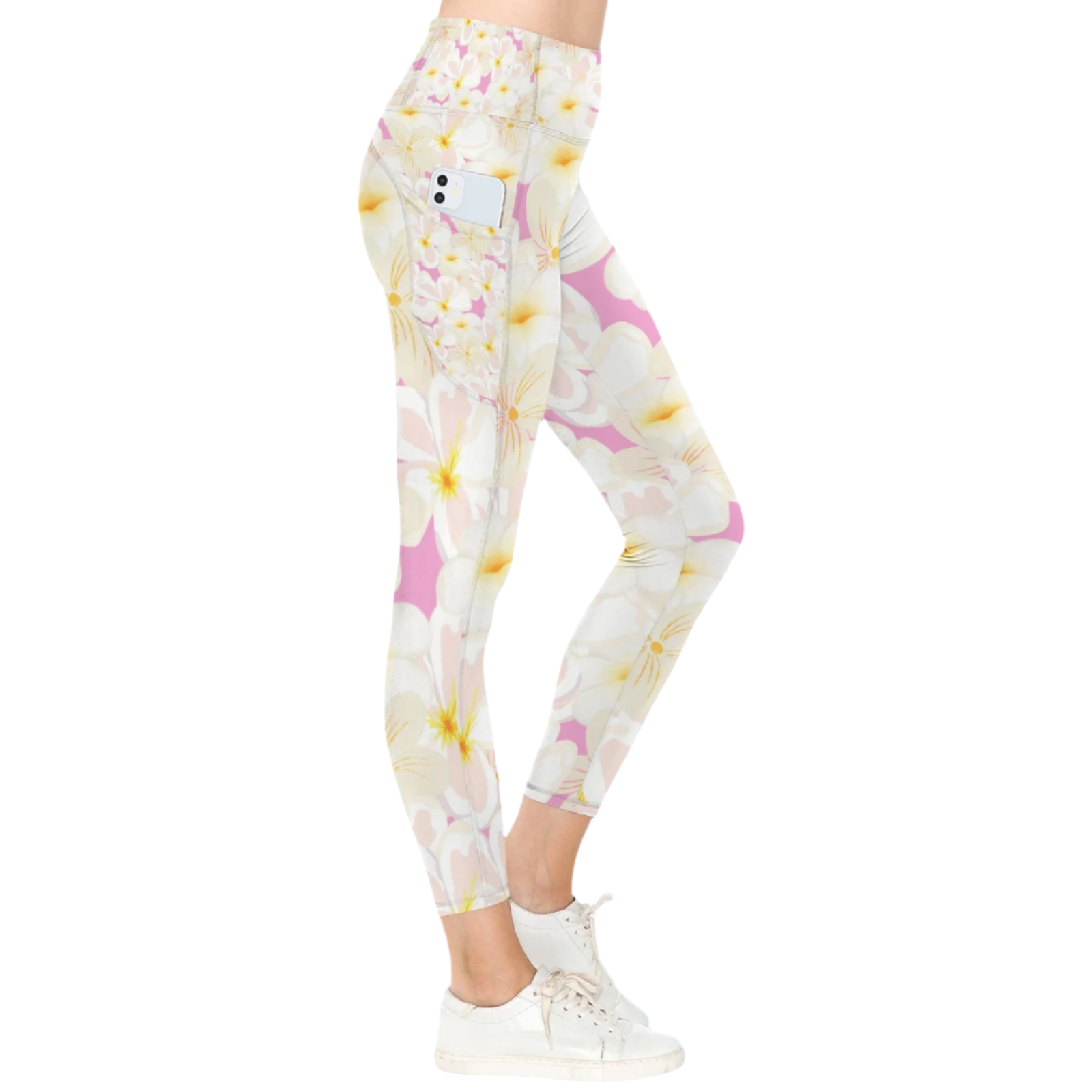 Pastel Frangipanis Pink Leggings with Pockets up to 5 XL (FWS)