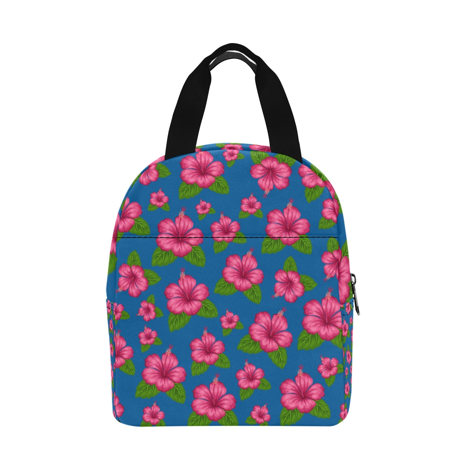 Graphic Pink Hibiscus Blue Insulated Zipper Lunch Bag