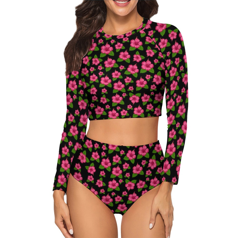 Graphic Pink Hibiscus Black Long Sleeve Surfing Swimsuit