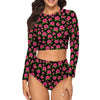 Graphic Pink Hibiscus Black Long Sleeve Surfing Swimsuit up to 2 XL